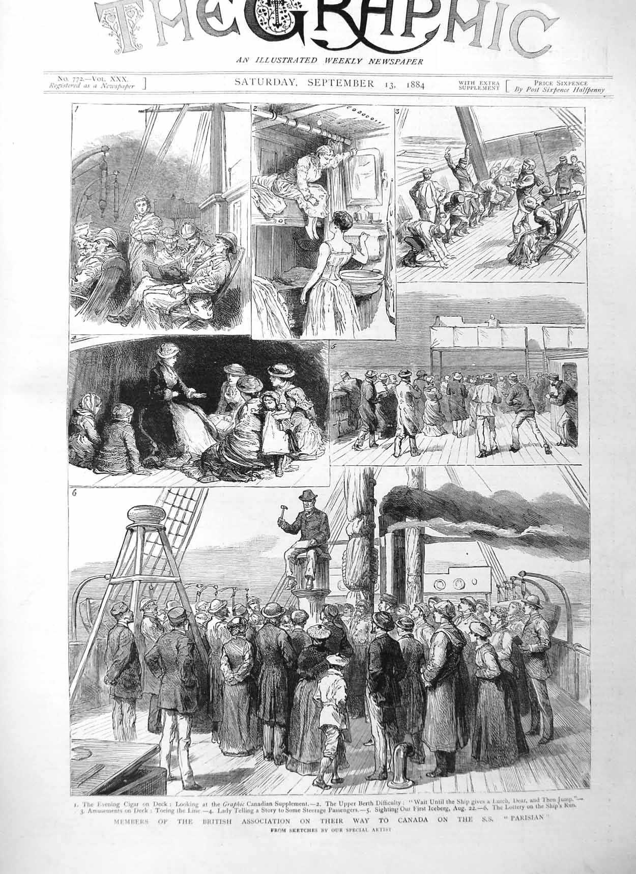 Old Antique Print 1884 Members British Association Candad Ship Parisian 19th