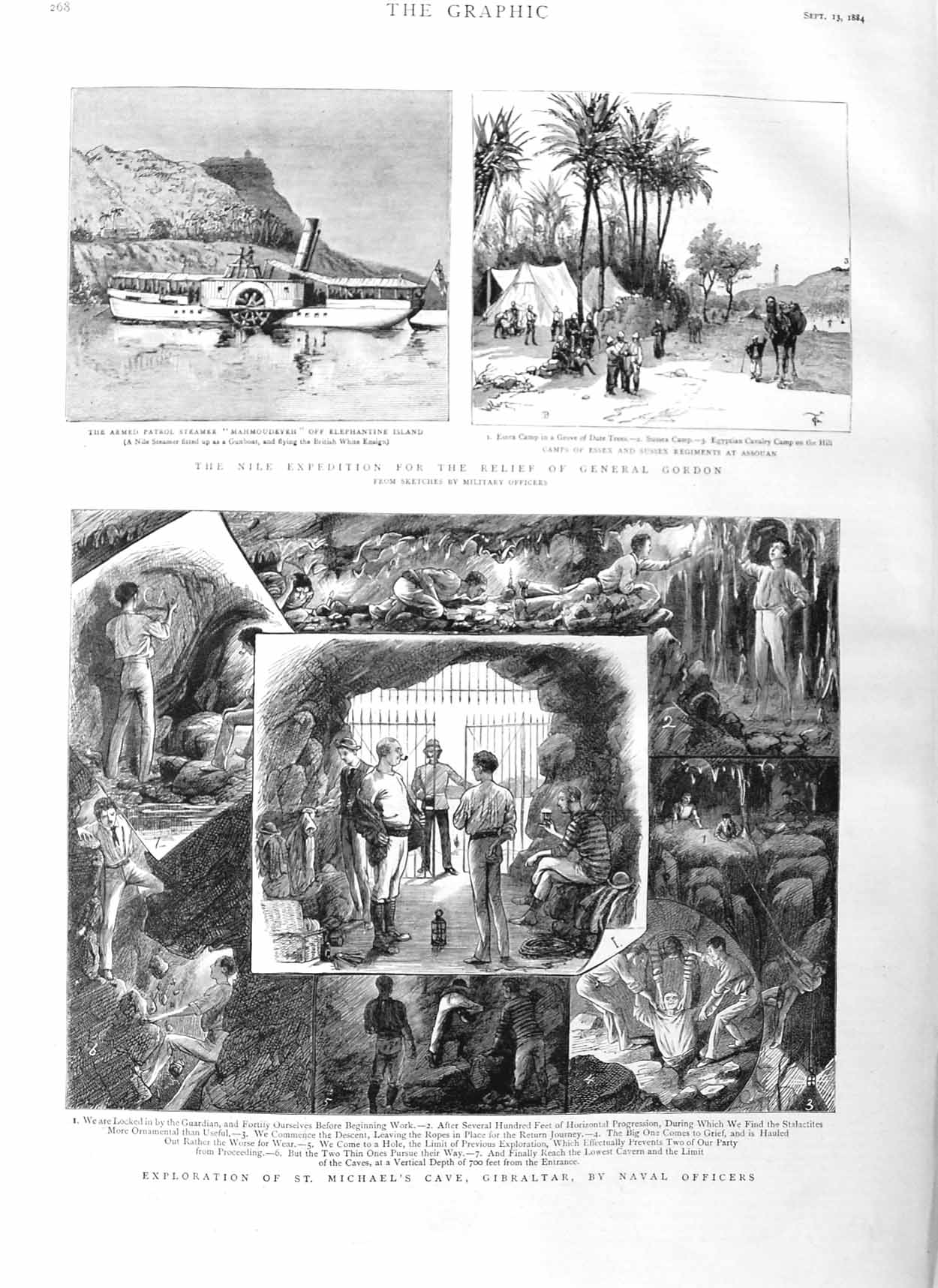 Original Old Antique Print 1884 St. Michaels Cave Gibraltar General Gord 19th