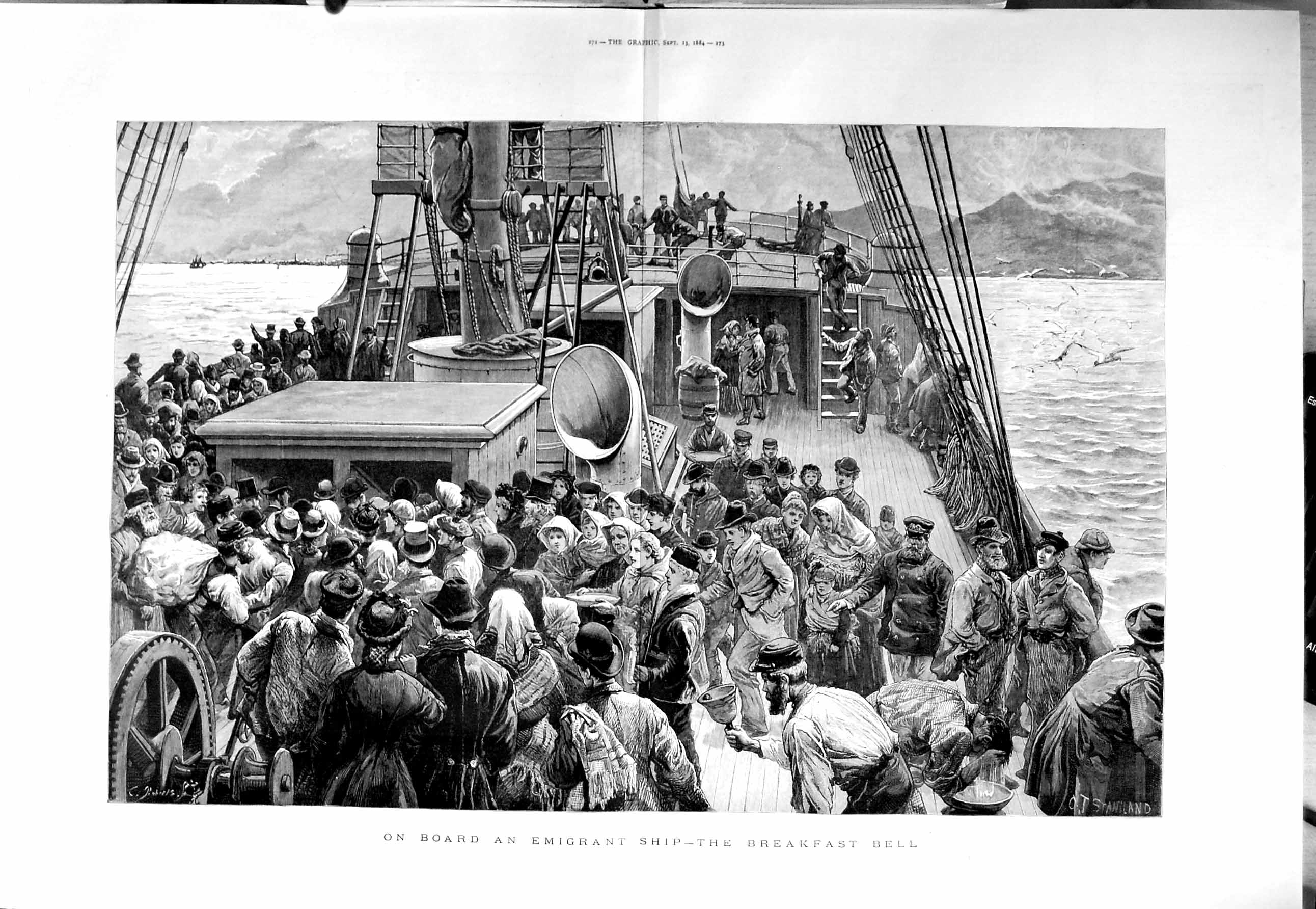 Original Old Antique Print 1884 Emigrant Ship Passengers Breakfast Bel Victorian