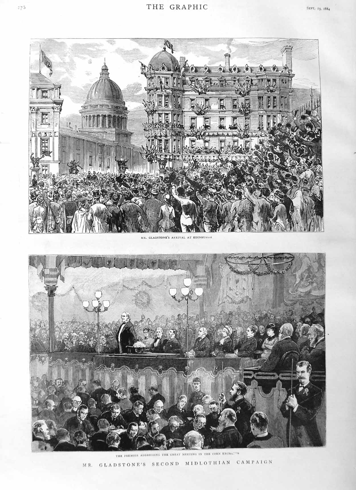 Original Old Antique Print 1884 Gladstone Edinburgh Midlothian Corn Exchange