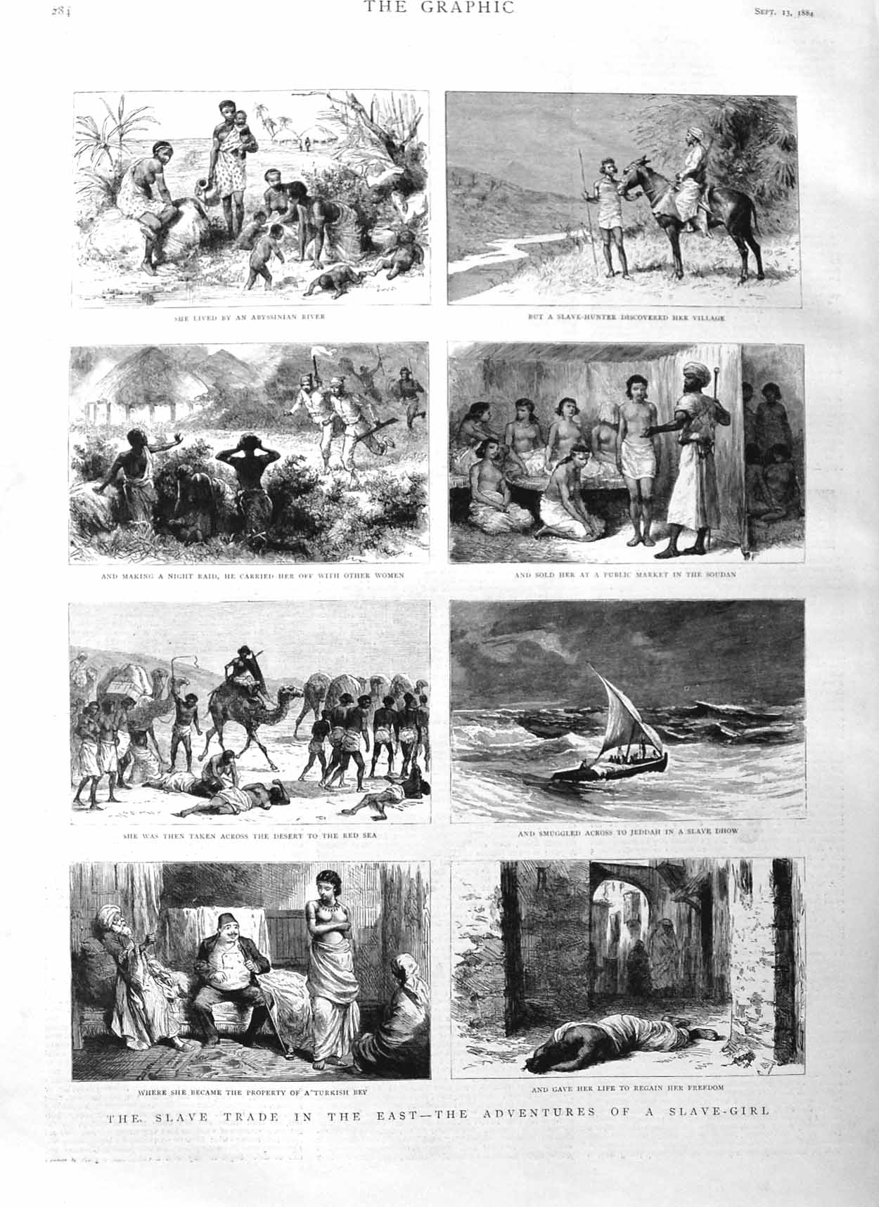 Original Old Antique Print 1884 Slave Trade Abyssinia River Market Soud 19th