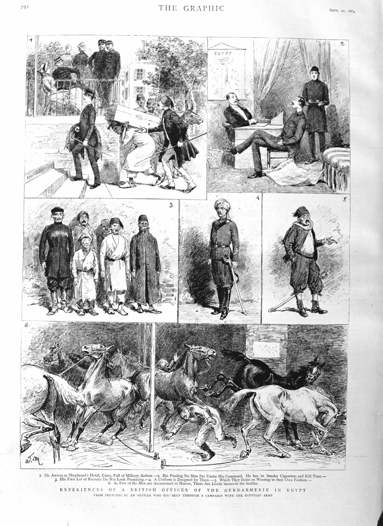 Old Antique Print 1884 British Officer Gendarmerie Egypt Shepheard Hotel 19th