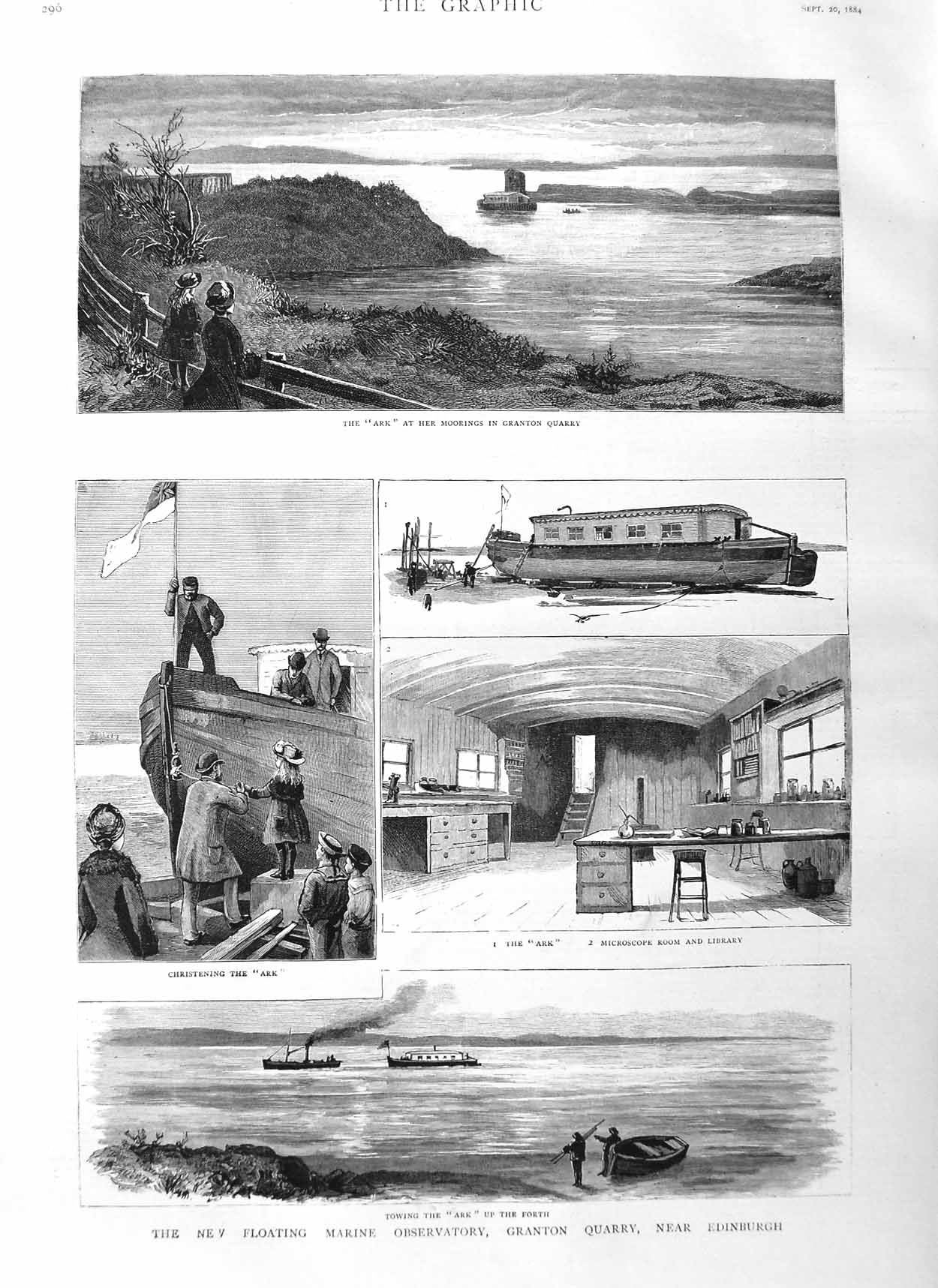 Old Antique Print 1884 Floating Marine Observatory Granton Edinburgh Ark 19th