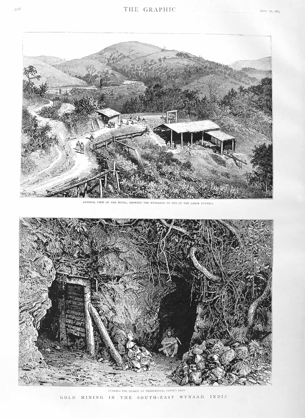 Original Old Antique Print 1884 GMining Wynaad India Mines Tunnels F Victorian