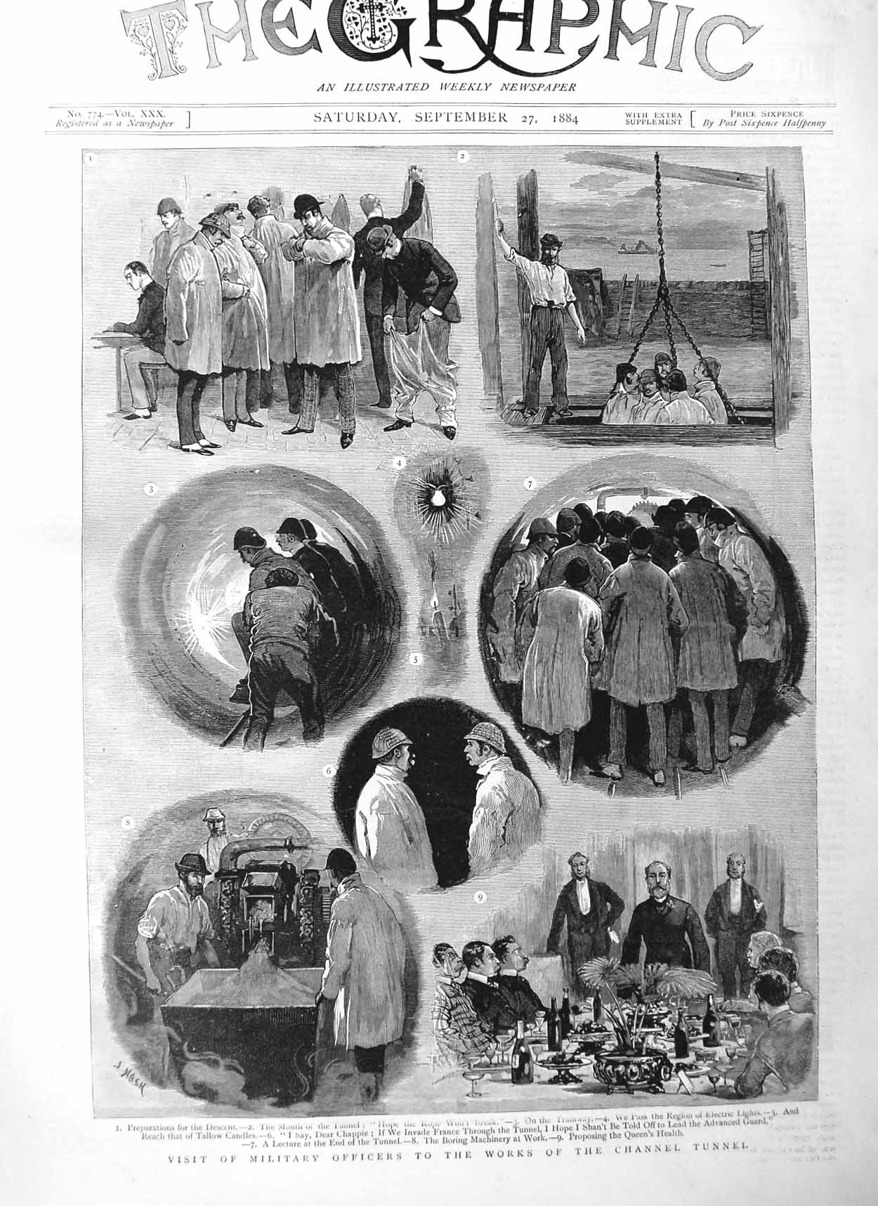 Old Antique Print 1884 Military Officers Works Channel Tunnel Machinery 19th