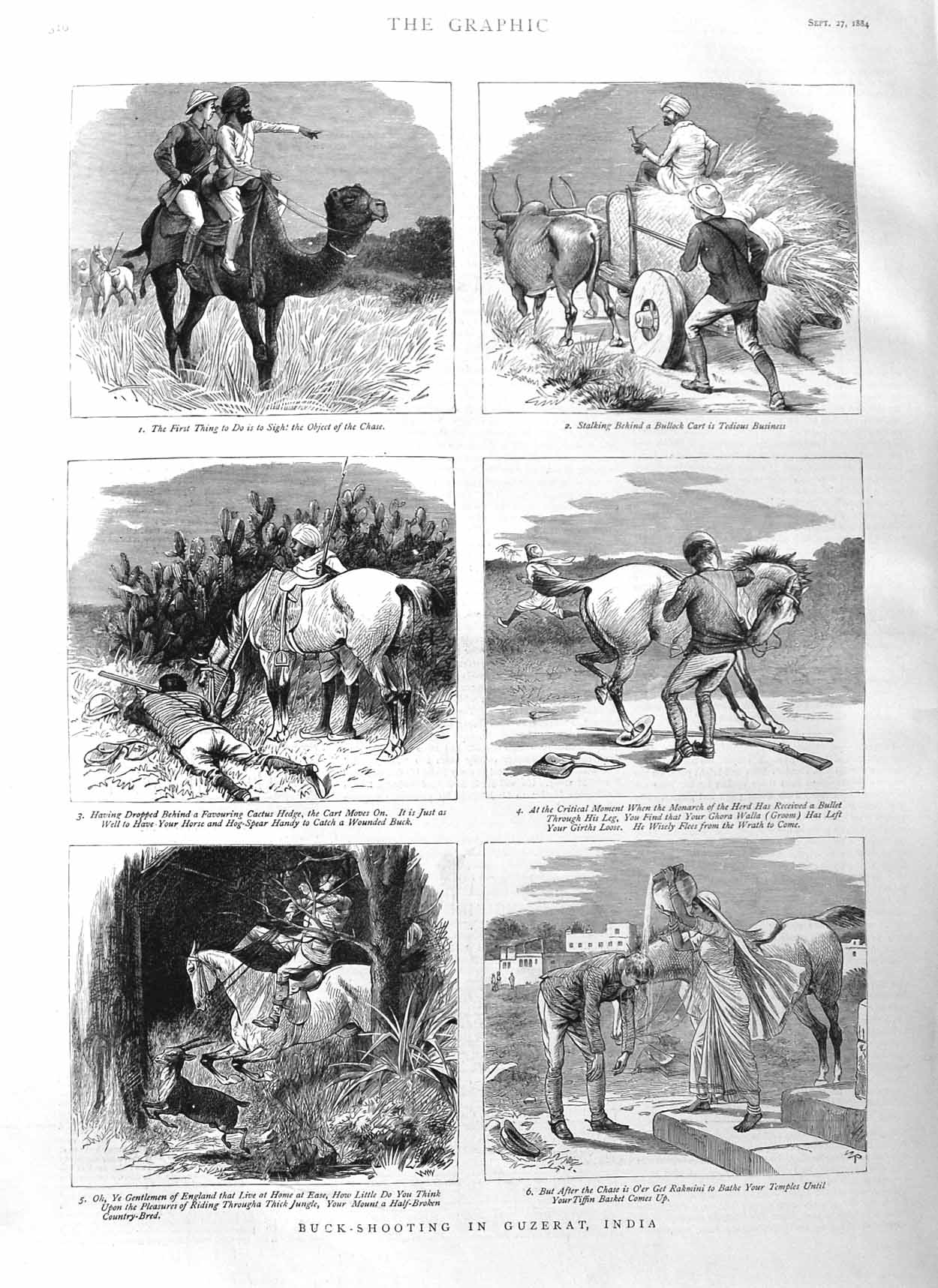 Original Old Antique Print 1884 Buck Shooting Guzerat India Camel Horses Sport