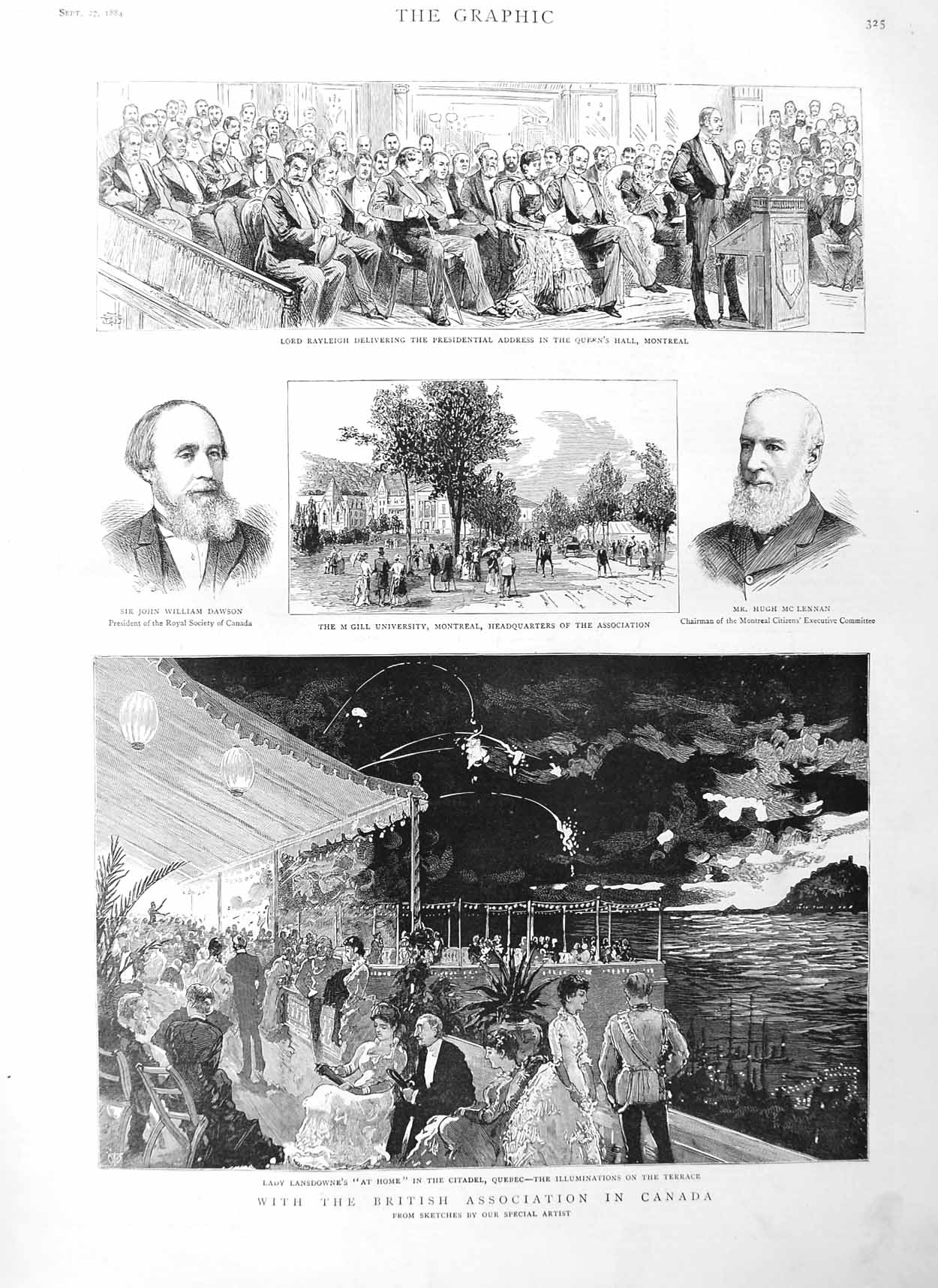 Original Old Antique Print 1884 Lady Landsdowne Quebec Canada Dawson Rayleigh