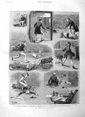 Original Old Antique Print 1884 Fine Art Gardener Pigs Puppy Dogs Man Victorian