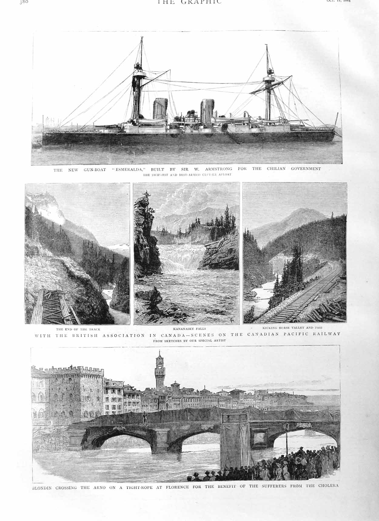 Original Old Antique Print 1884 Blondin Tight-Rope Florence Ship Esmeralda 19th