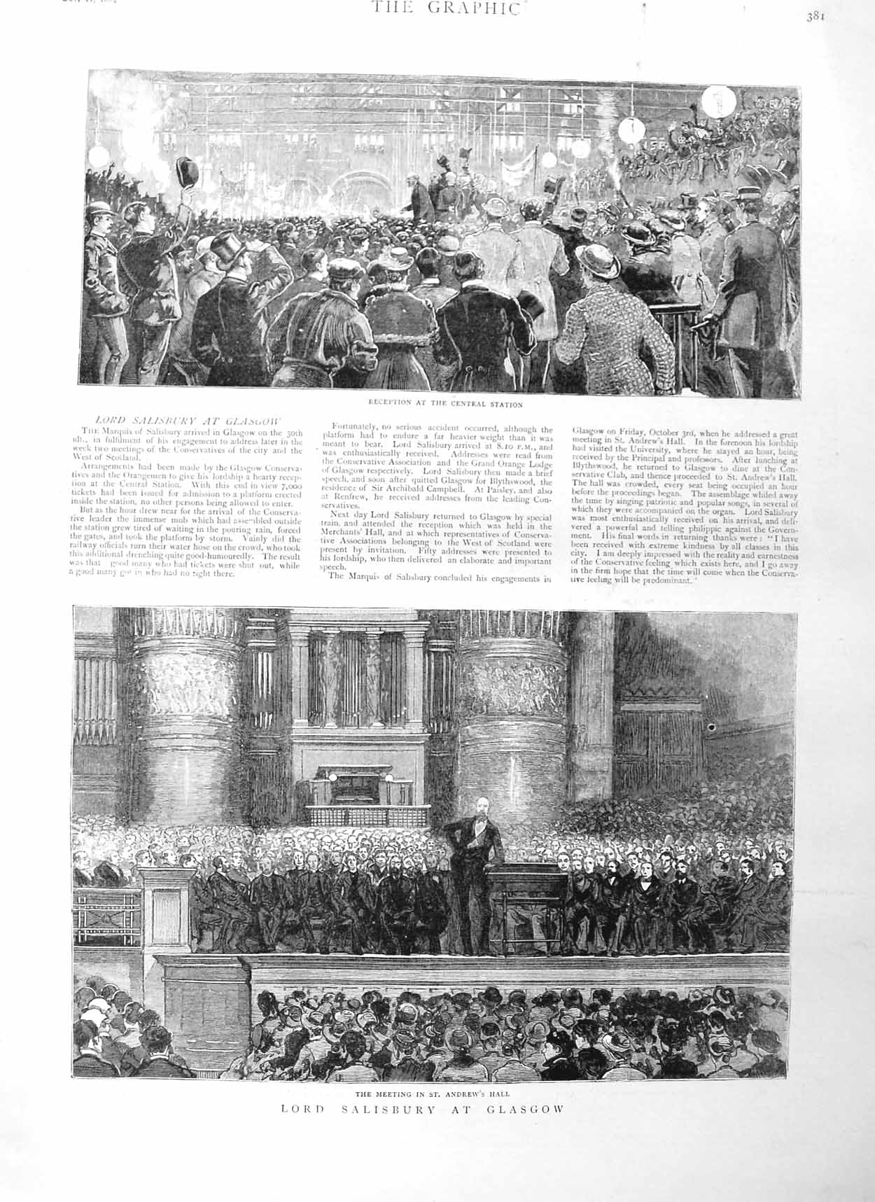 Original Old Antique Print 1884 Lord Salisbury Glasgow Andrew'S Hall Railway