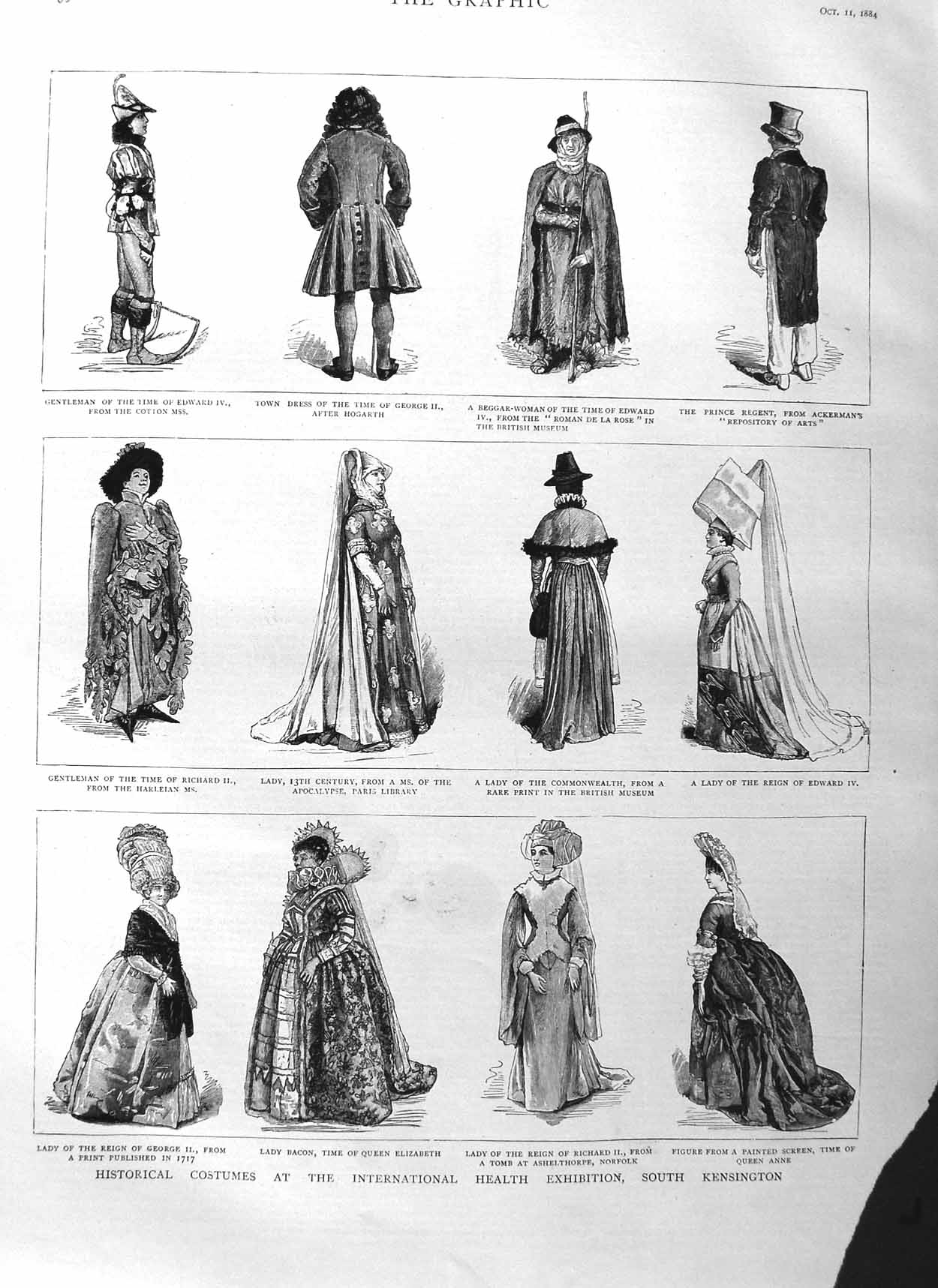 Old Antique Print 1884 Historical Costumes Health Exhibition Kensington 19th