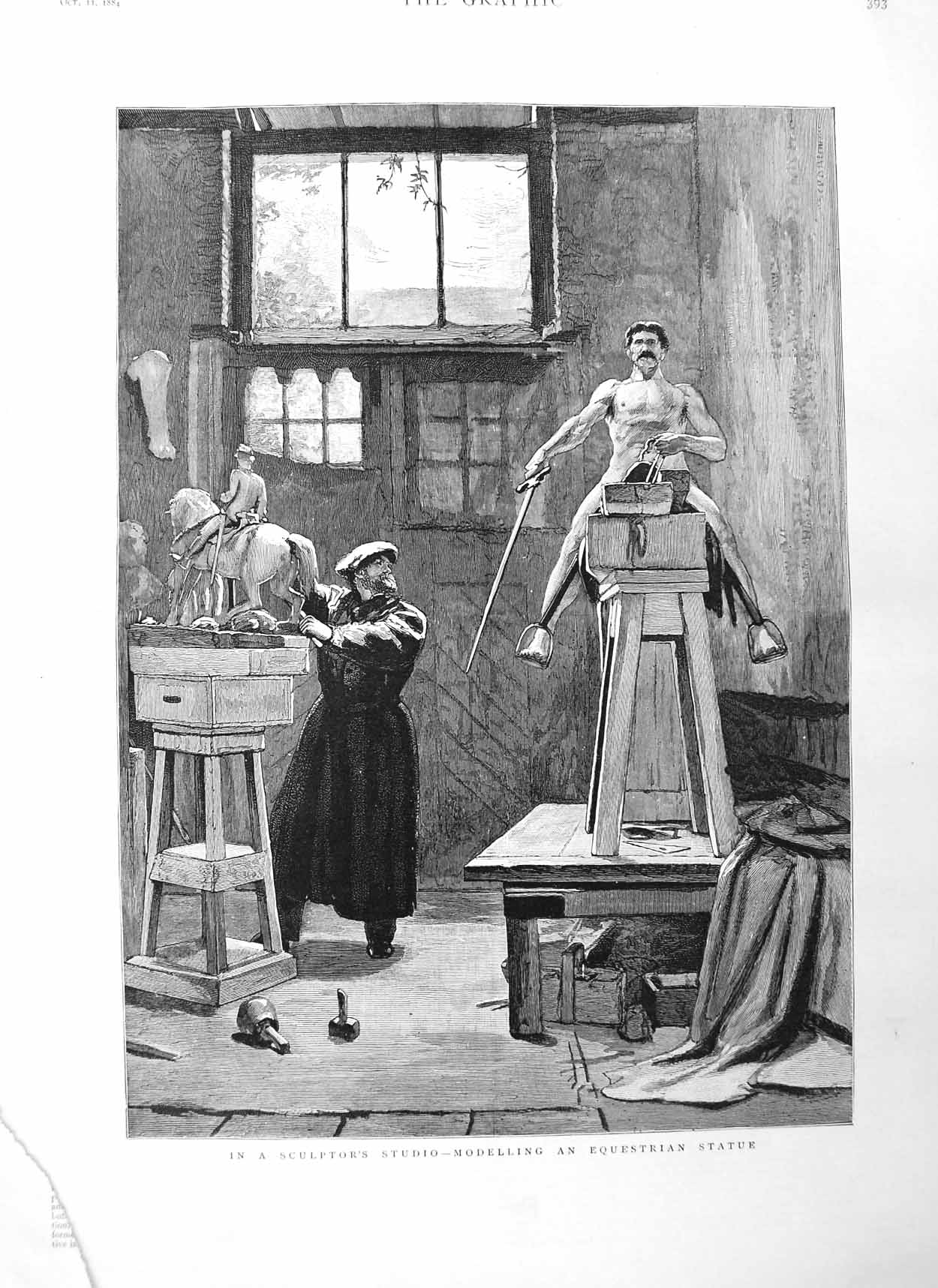 Original Old Antique Print 1884 Sculptors Studio Modelling Equestrian Sta 19th