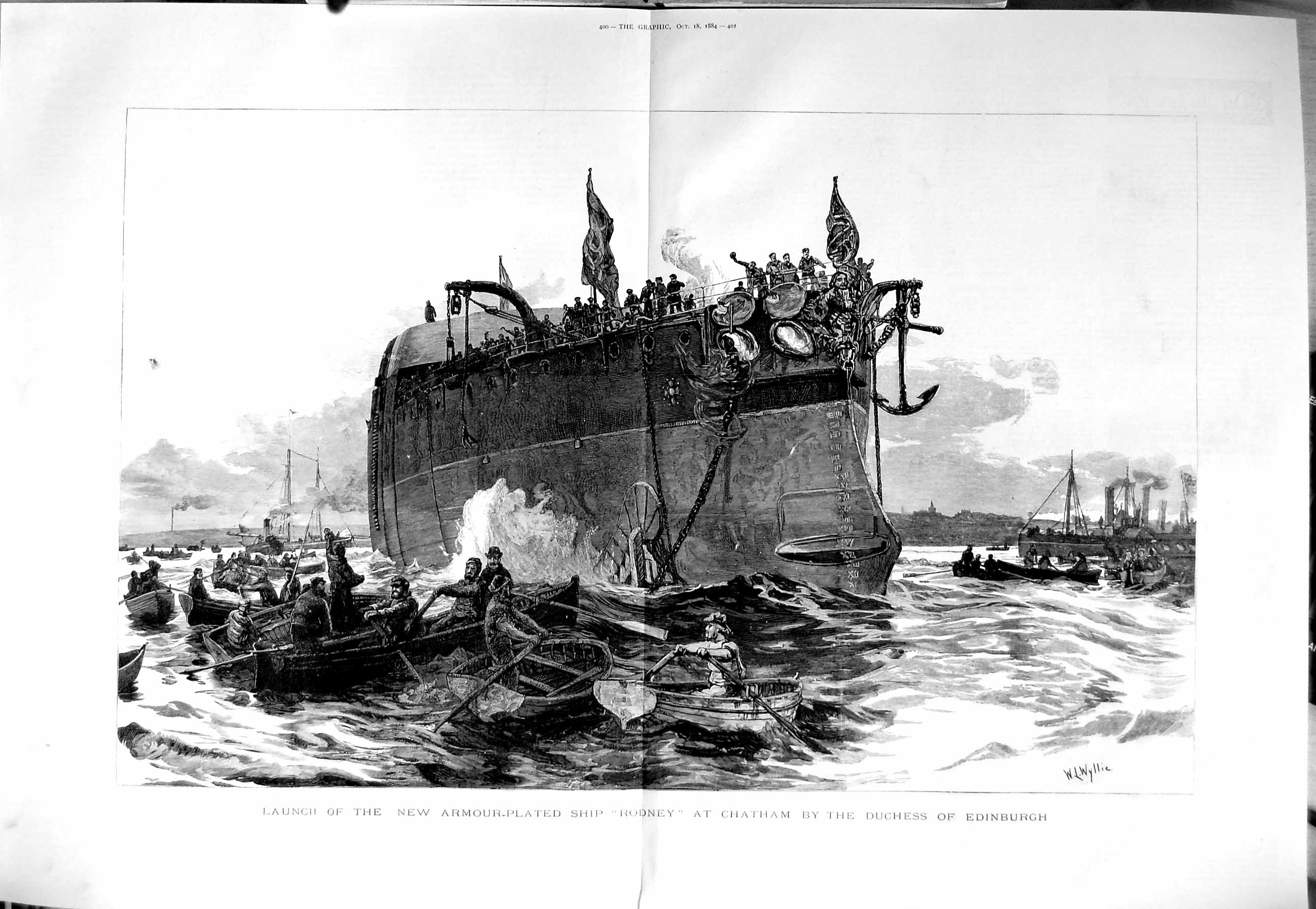Antique Old Print 1884 Launch Armour-Plated Ship Rodney Duchess Edinburgh 19th