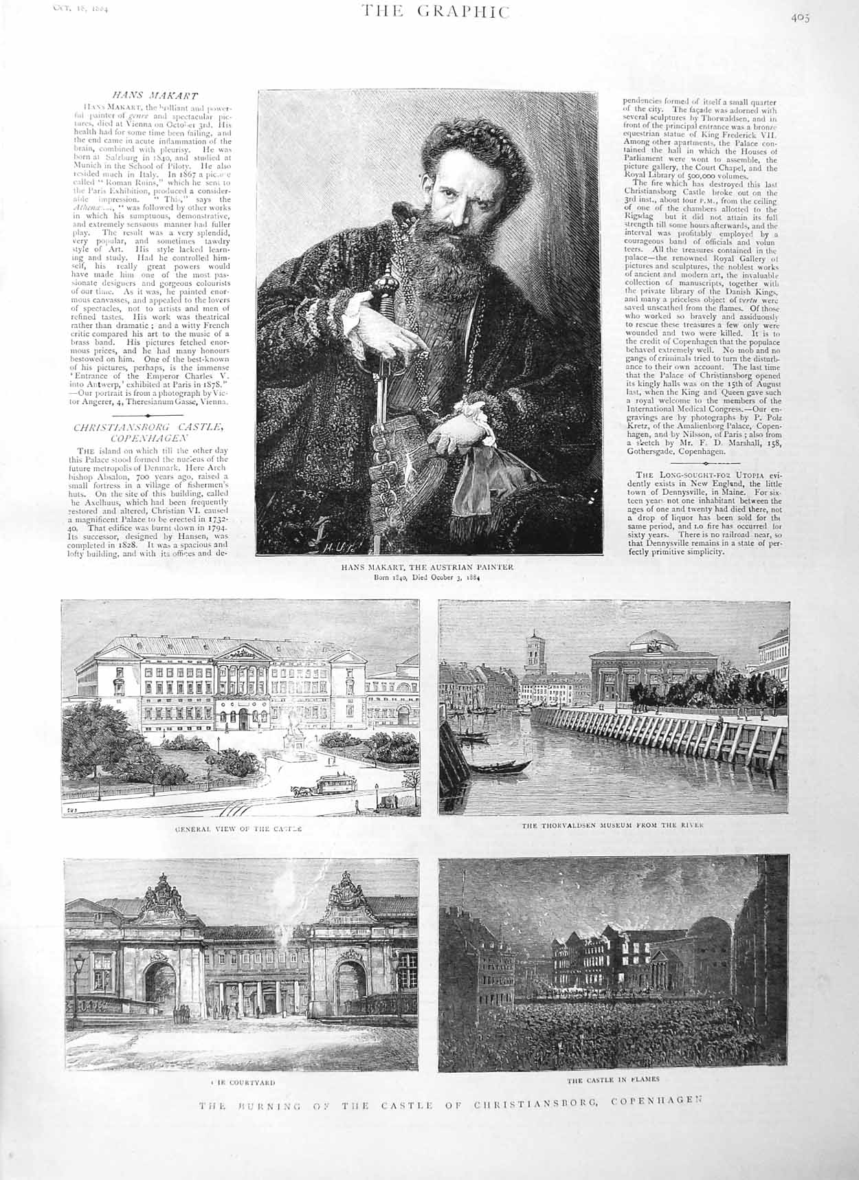 Old Antique Print 1884 Hans Makart Castle Christiansborg Copenhagen Fire 19th