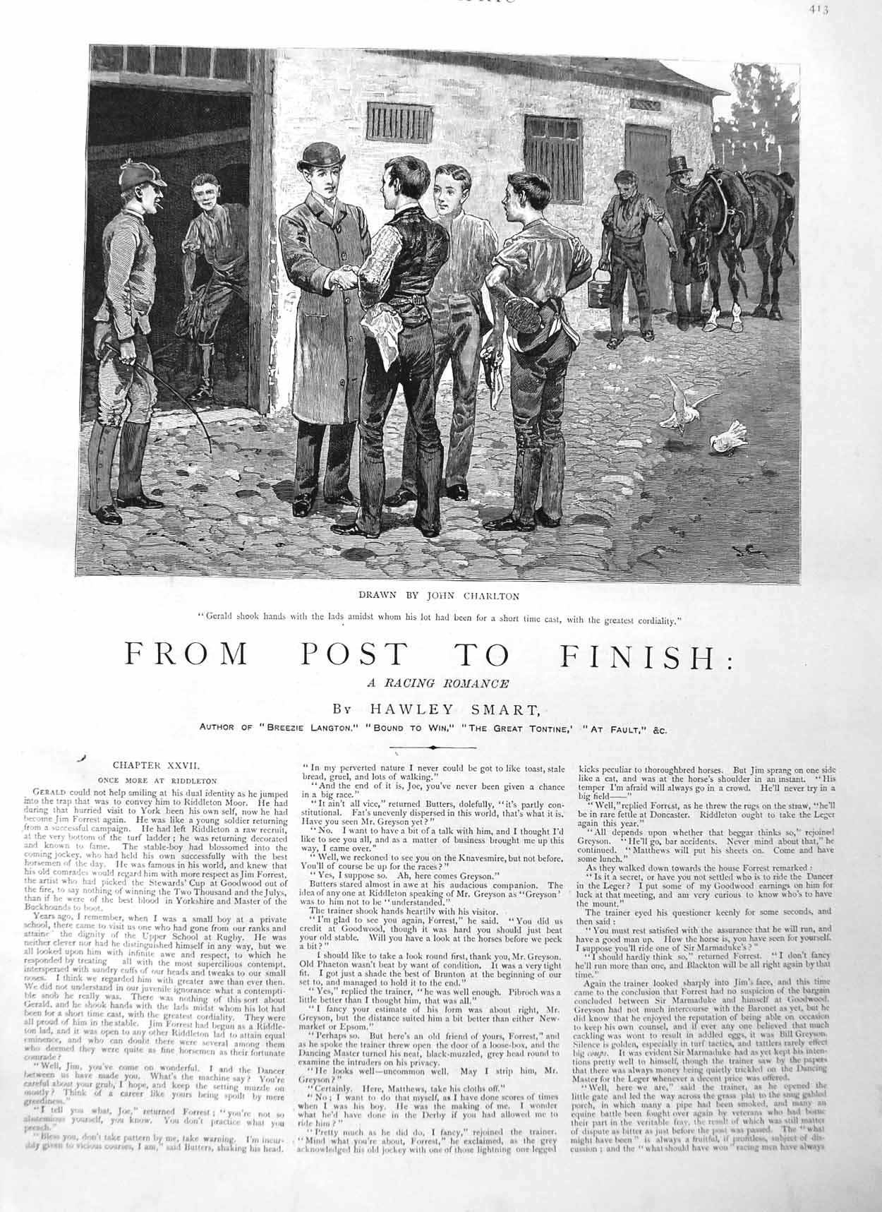 Old Antique Print 1884 Illustration Story From Post Finish Horses Stable 19th