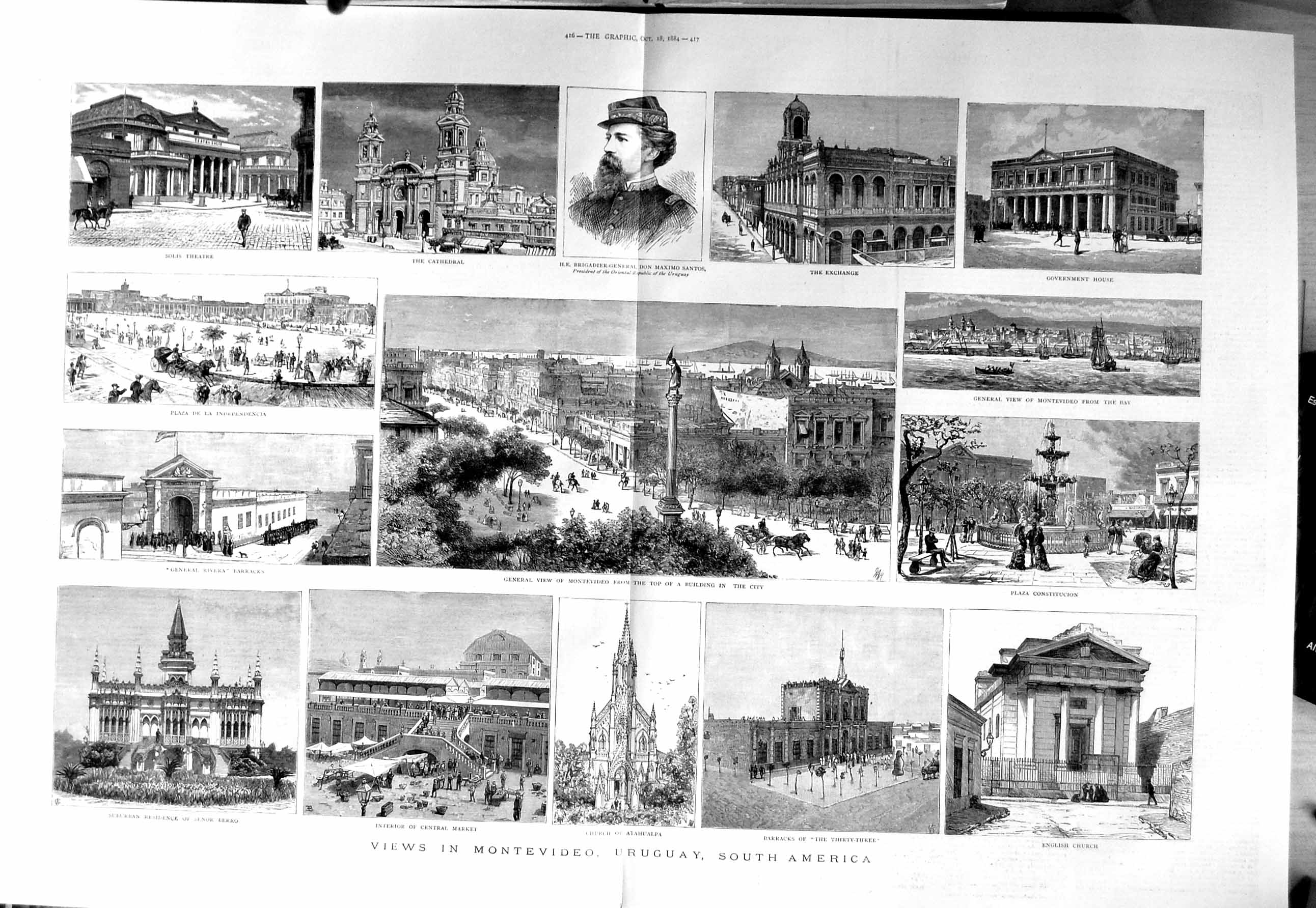 Old Antique Print 1884 Montevideo Uruguay America Church Barracks Plaza 19th