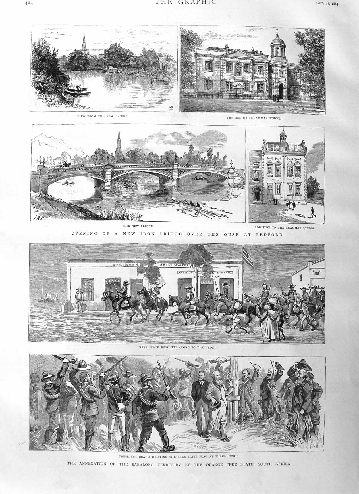 Old Antique Print 1884 Baralong Orange Africa Iron Bridge Bedford School 19th