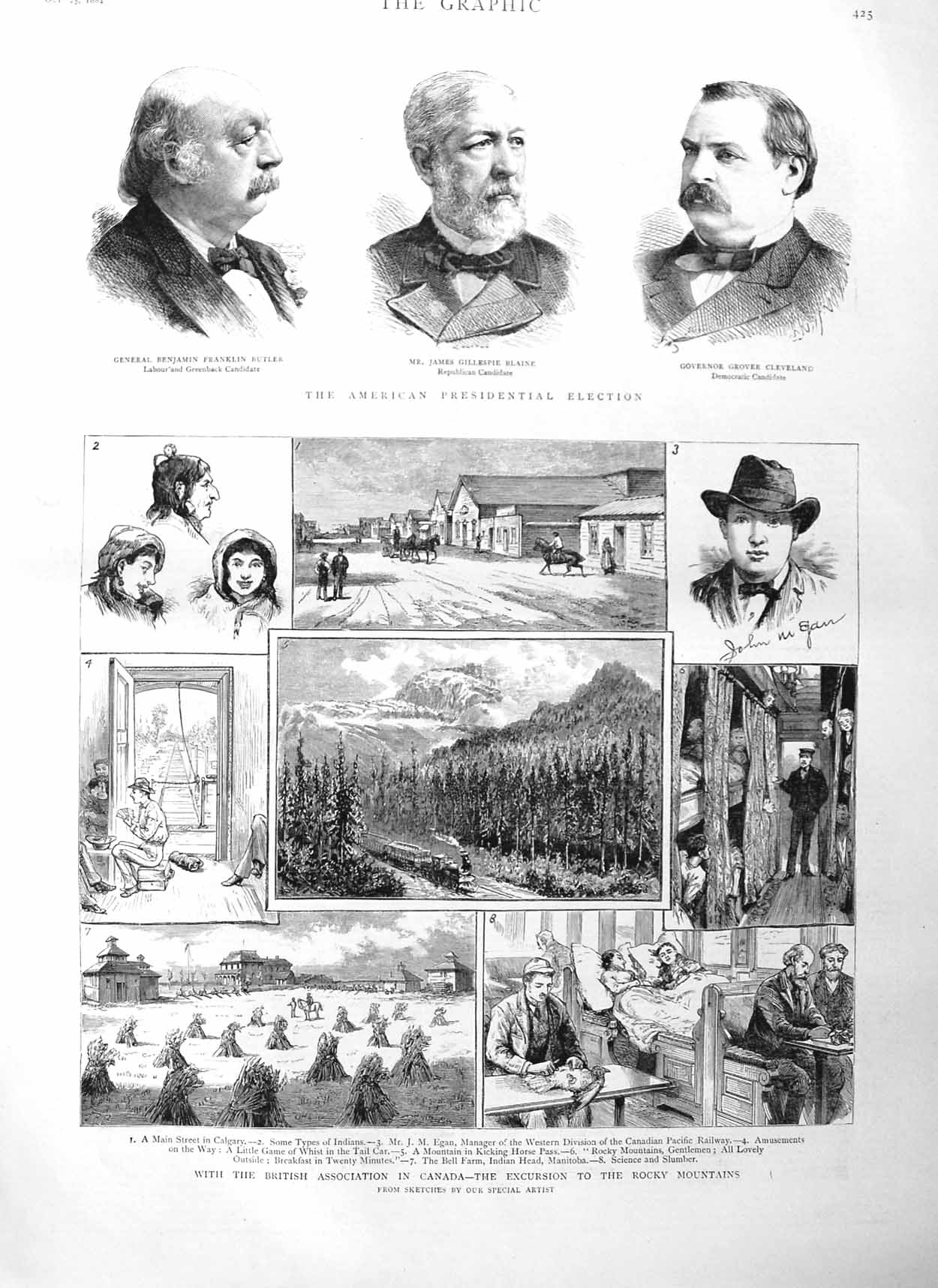 Original Old Antique Print 1884 Blaine Butler Cleveland America Canada Railway