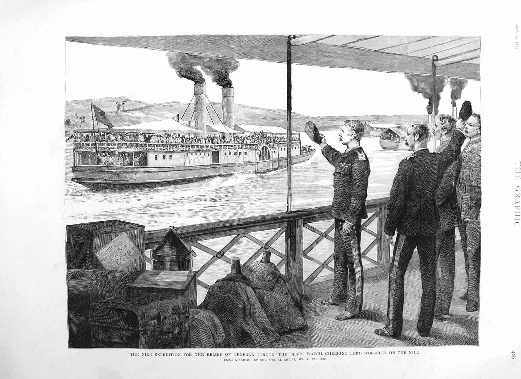 Old Antique Print 1884 War Egypt Black Watch Army Lord Wolseley Nile Boat 19th