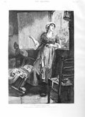 Original Old Antique Print 1884 Jacomb Hood Fine Art Woman Sewing Baby Window