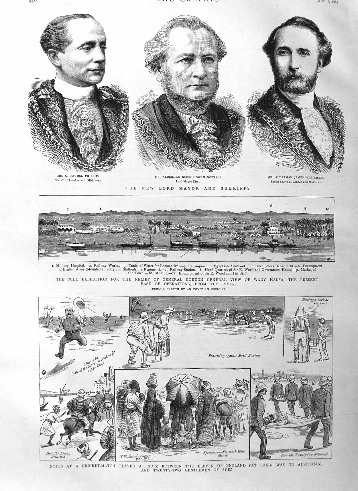 Old Antique Print 1884 Mayor Nottage Phillips Whitehead Egypt War Cricket 19th