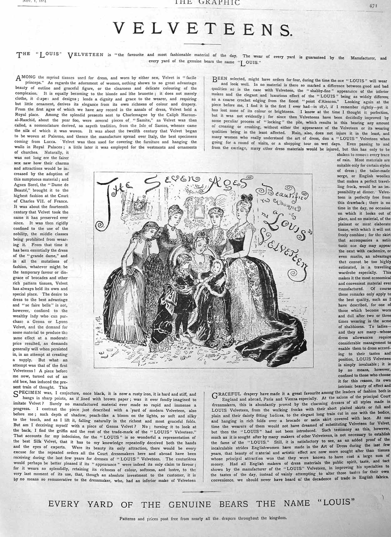 Original Old Antique Print 1884 Velveteens Ladies Children Sketch Victorian