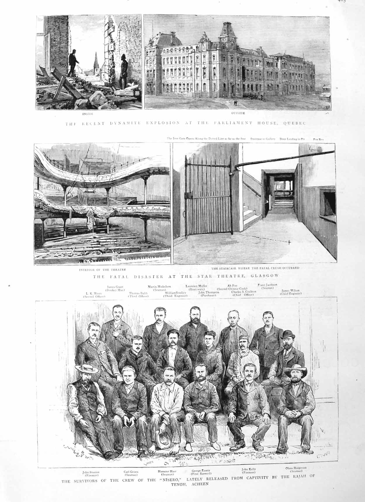 Original Old Antique Print 1884 Parliament Quebec Theatre Glasgow Nisero Cr 19th