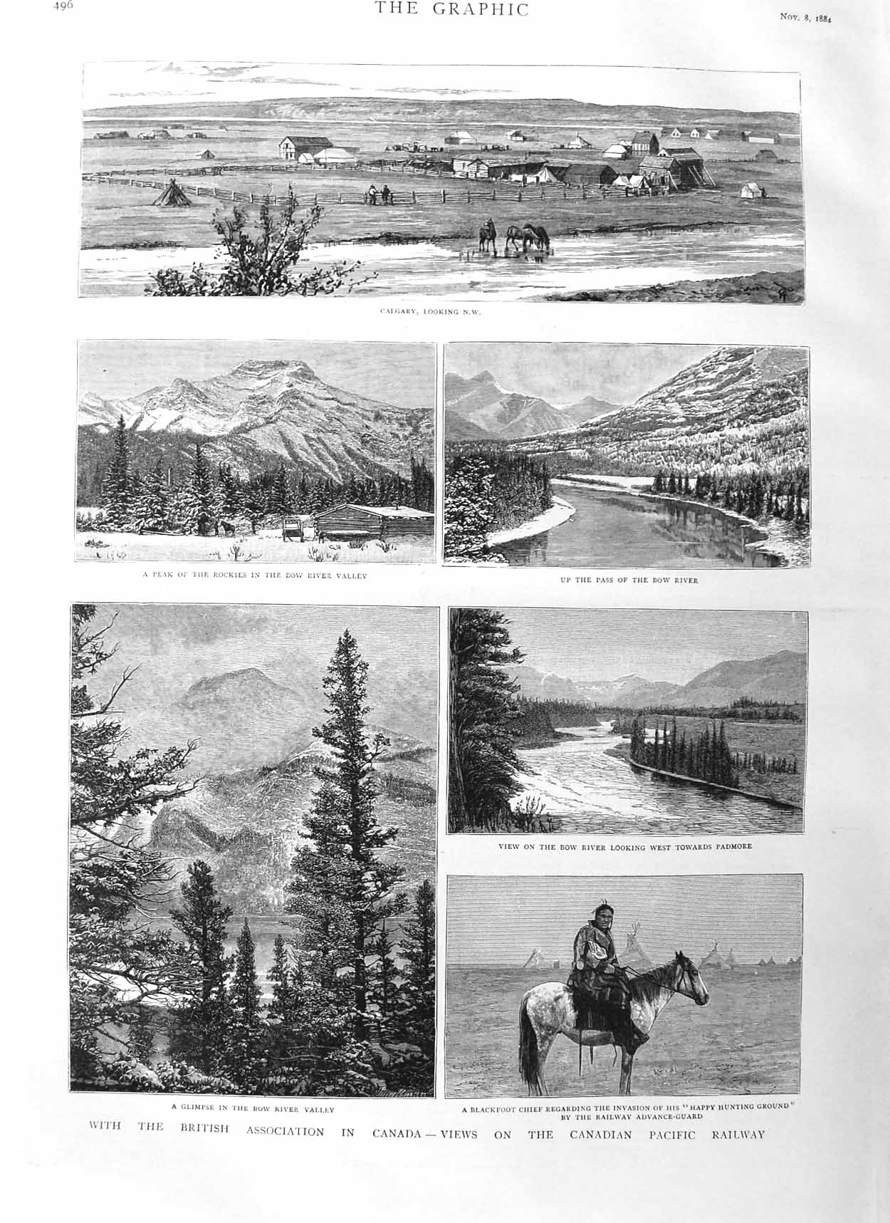 Original Old Antique Print 1884 Canada Rockies Bow Valley Calgary Blackfoo 19th