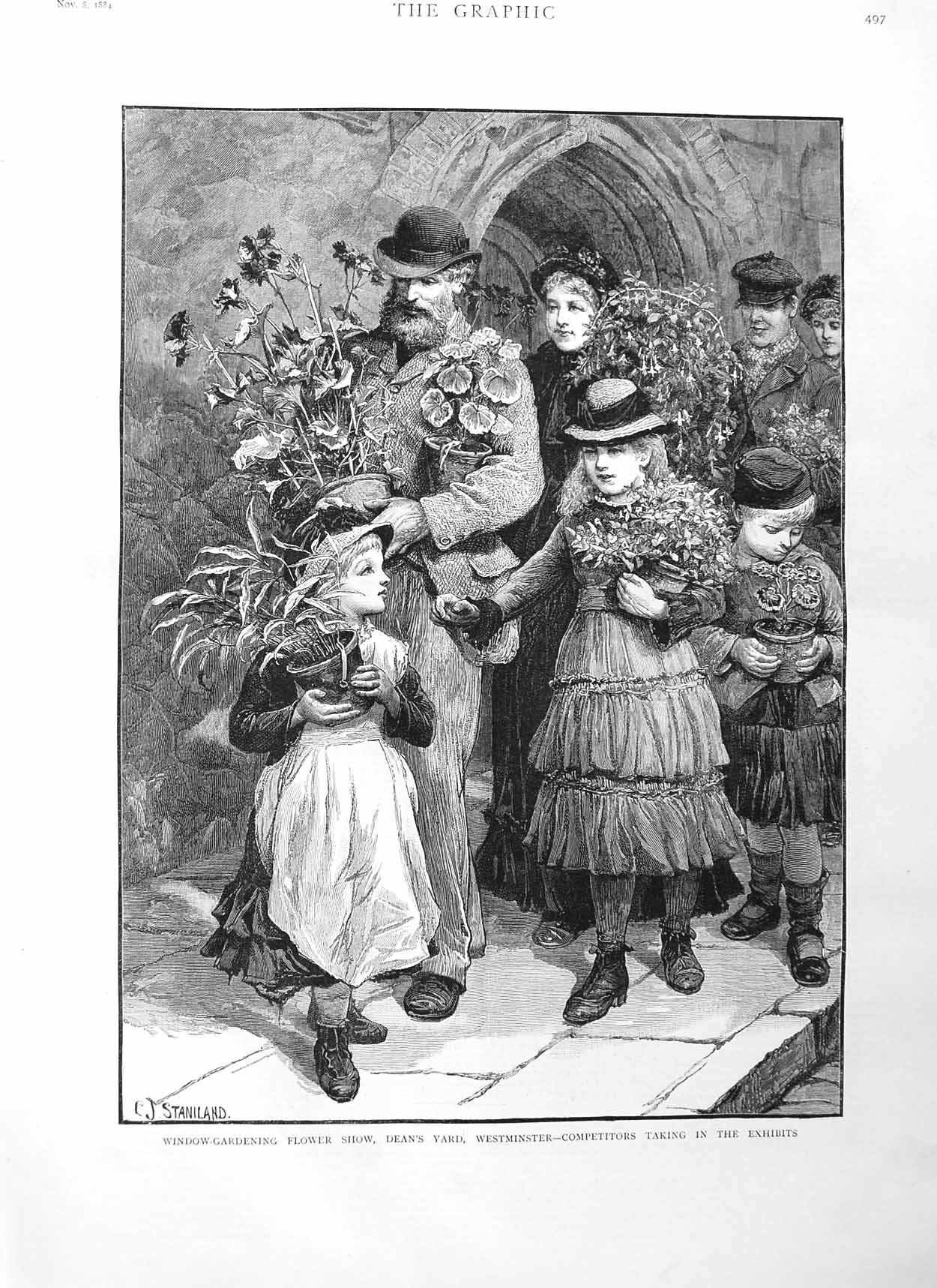 Original Old Antique Print 1884 Window Gardening Flower Show Westminster Dean'S