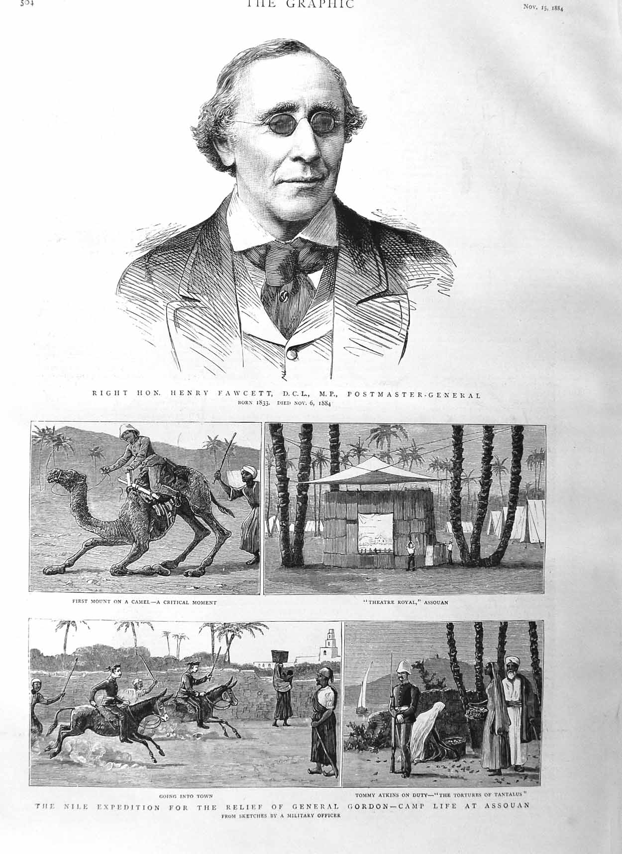Original Old Antique Print 1884 Henry Fawcett Postmaster-General Assouan Gordon