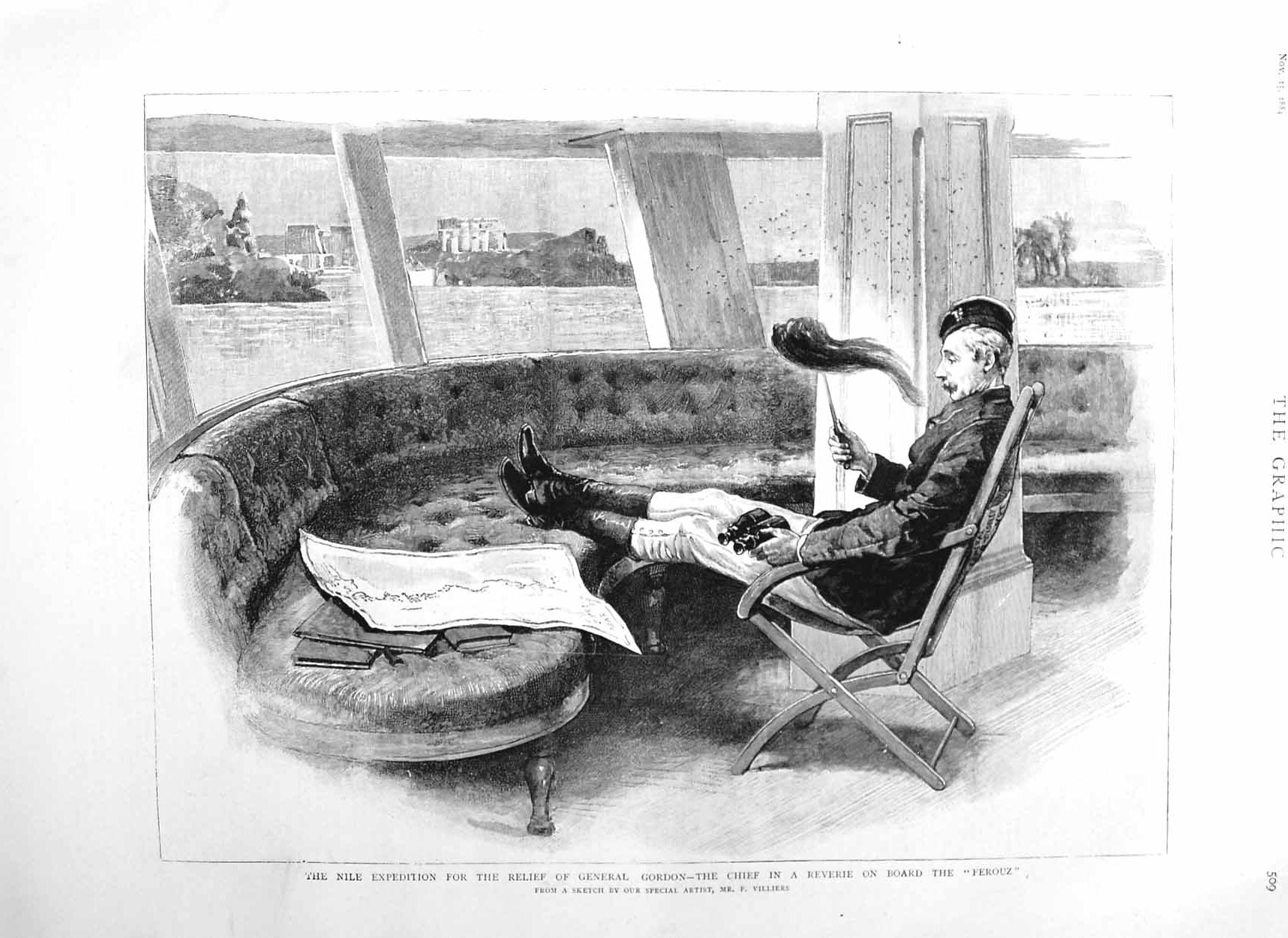 Original Old Antique Print 1884 General Gordon Nile Expedition War Ship Ferouz