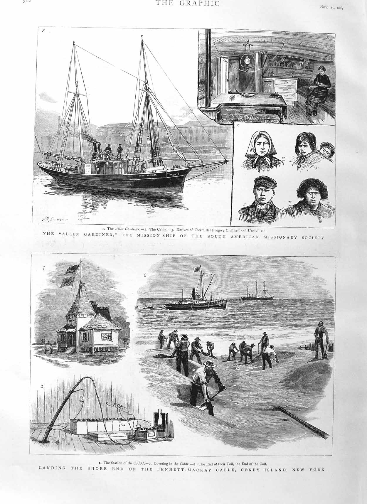 Original Old Antique Print 1884 Allen Gardiner Ship Bennett-Mackay Cable 19th