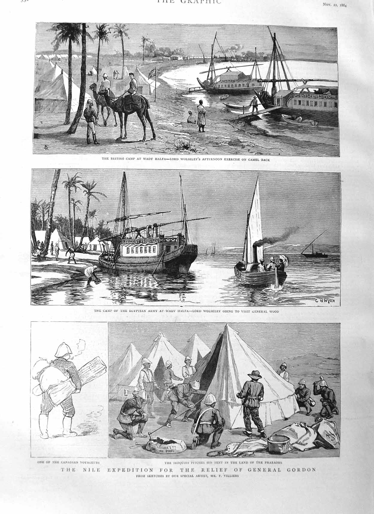 Old Antique Print 1884 General Gordon Nile Expedition Wady Halfa Wolseley 19th