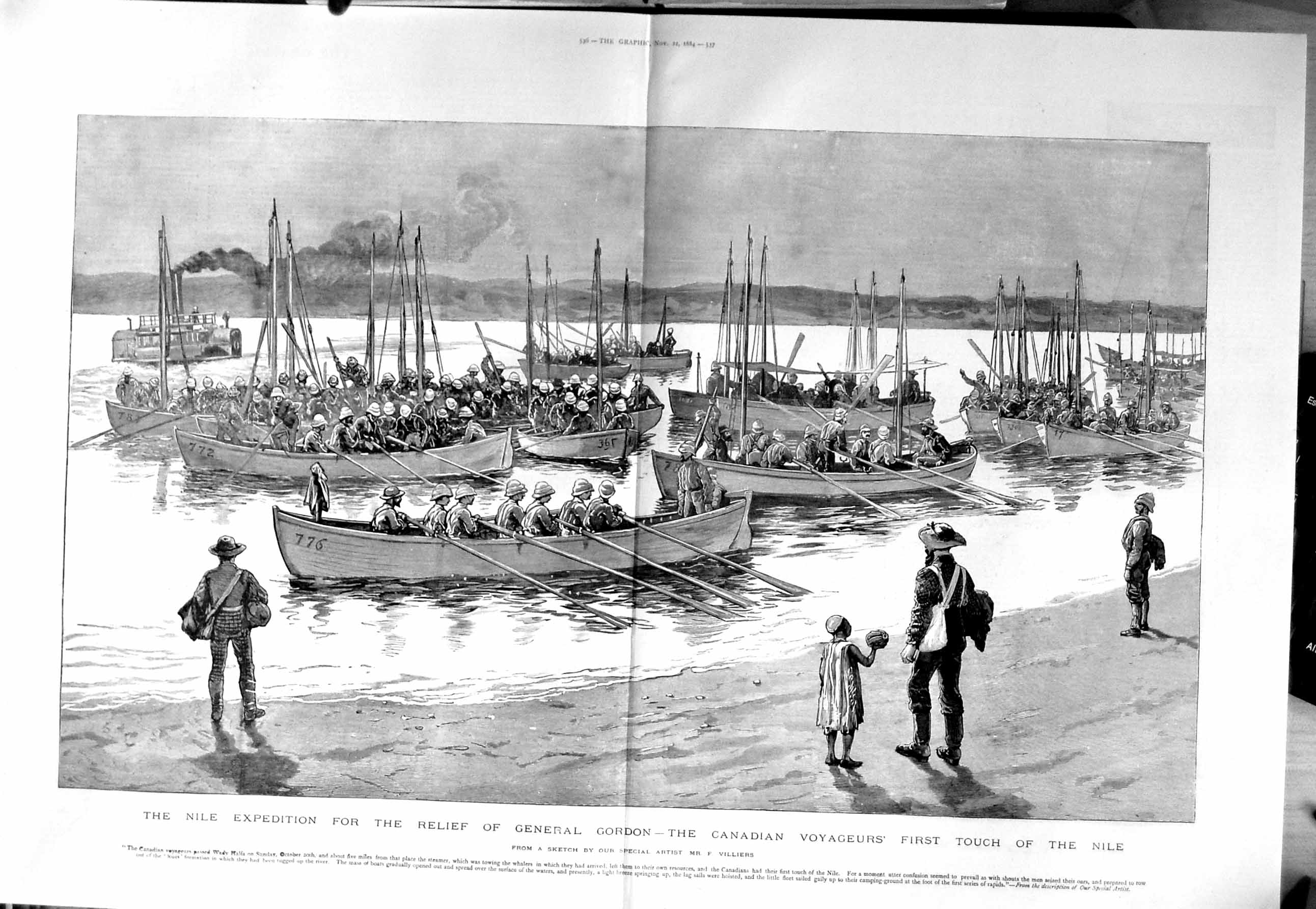 Original Old Antique Print 1884 General Gordon Nile Canadian Voyageurs Wa 19th