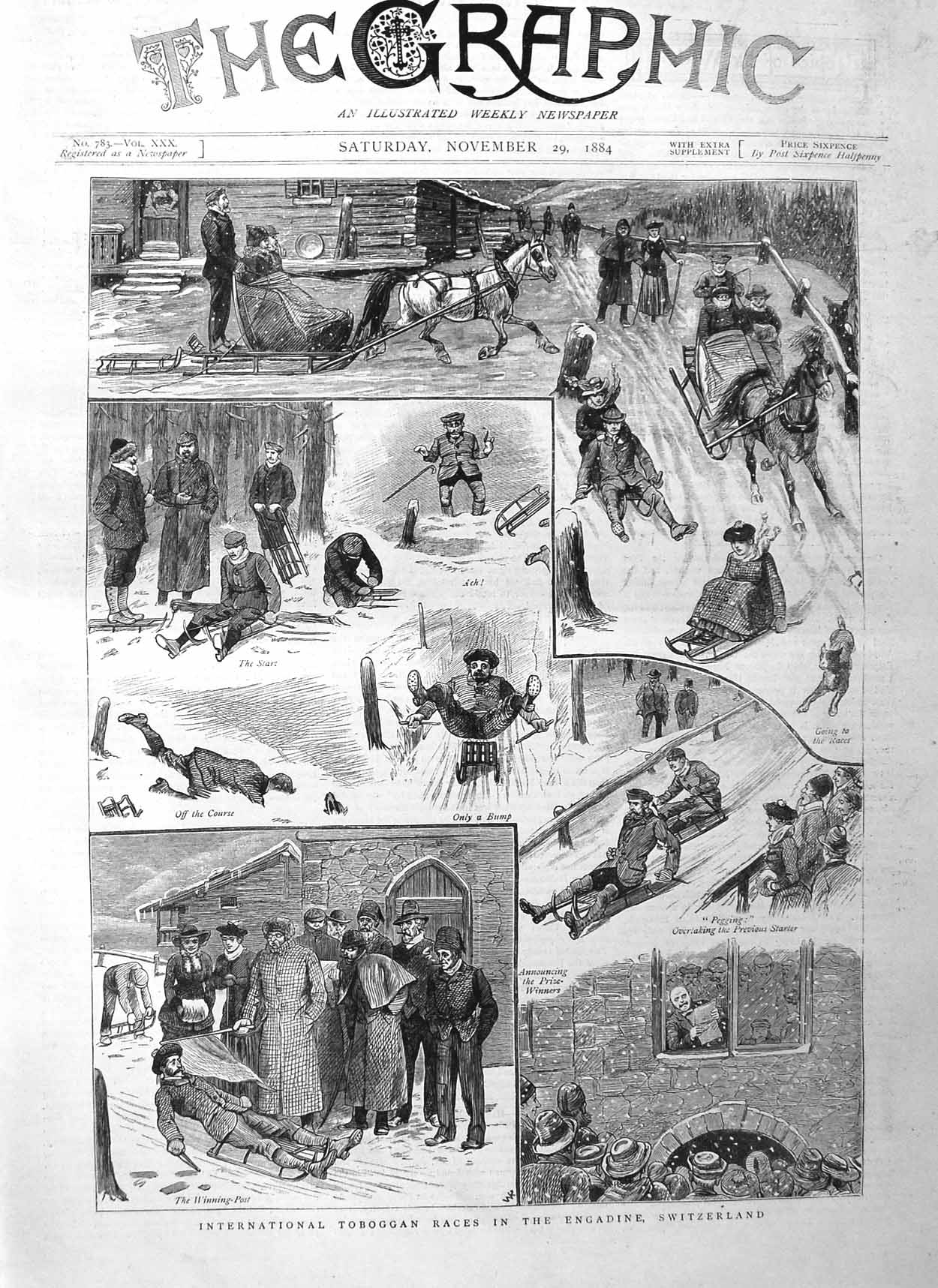 Original Old Antique Print 1884 Toboggan Races Engadine Switzerland Spo 19th