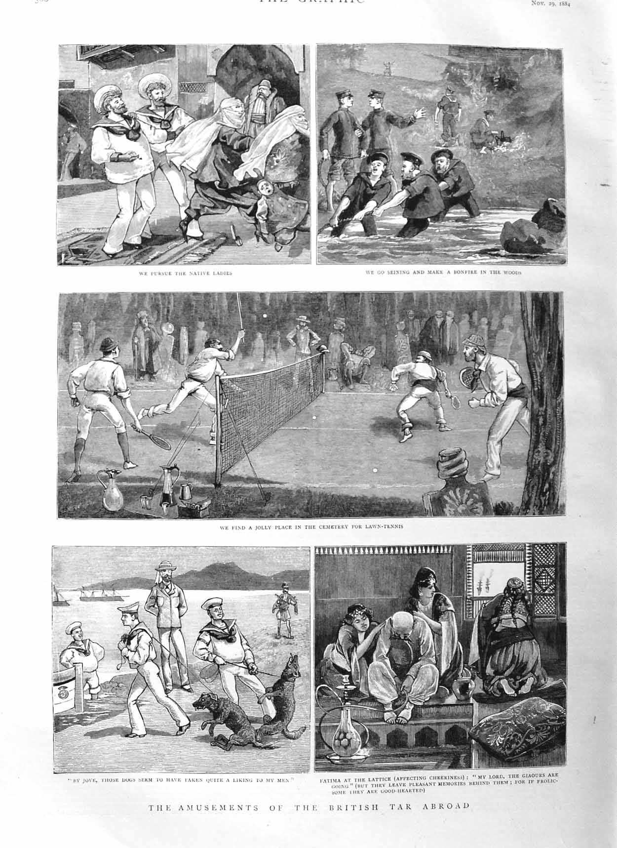 Old Antique Print 1884 British Tar Abroad Tennis Fatima Lattice Sailors 19th