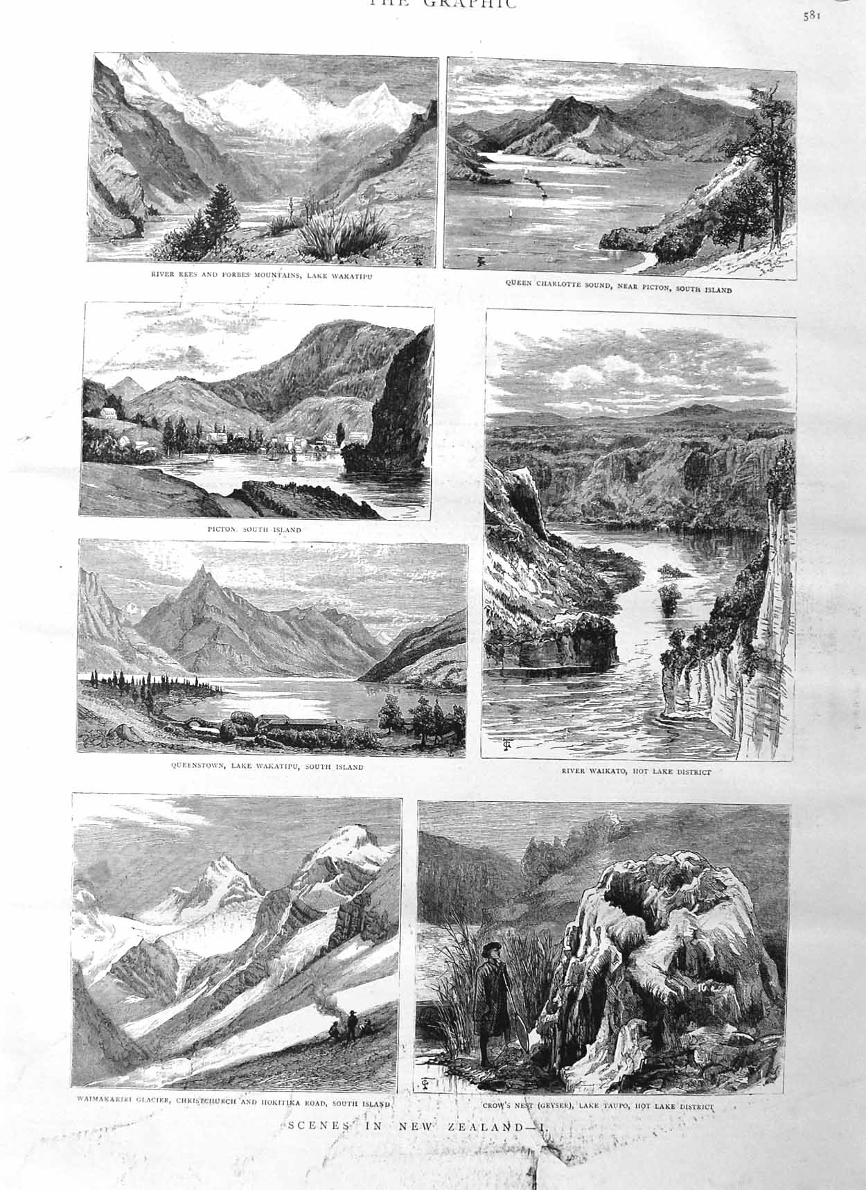 Original Old Antique Print 1884 Zealand Lake Wakatipu Taupo Waimakariri Glacier