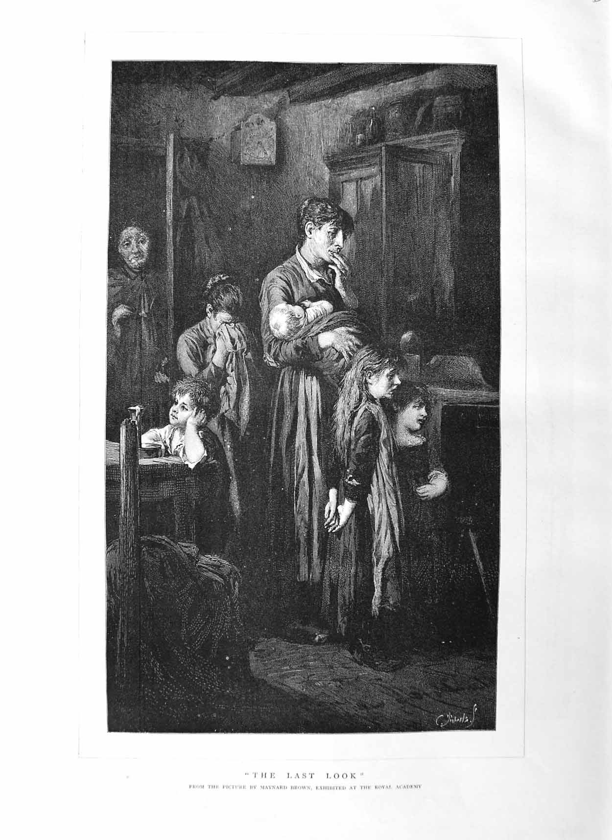Old Antique Print 1884 Maynard Brown Fine Art Children Baby Mother House 19th