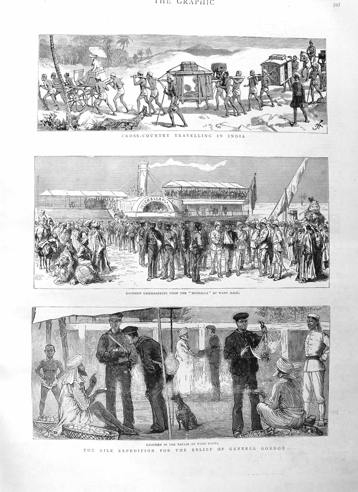 Original Old Antique Print 1884 Travelling India Kroomen Michalla Wady Halfa