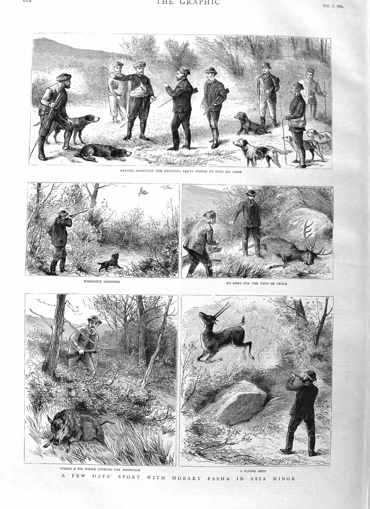 Original Old Antique Print 1884 Sport Hobart Pasha Asia Minor Shooting Natives