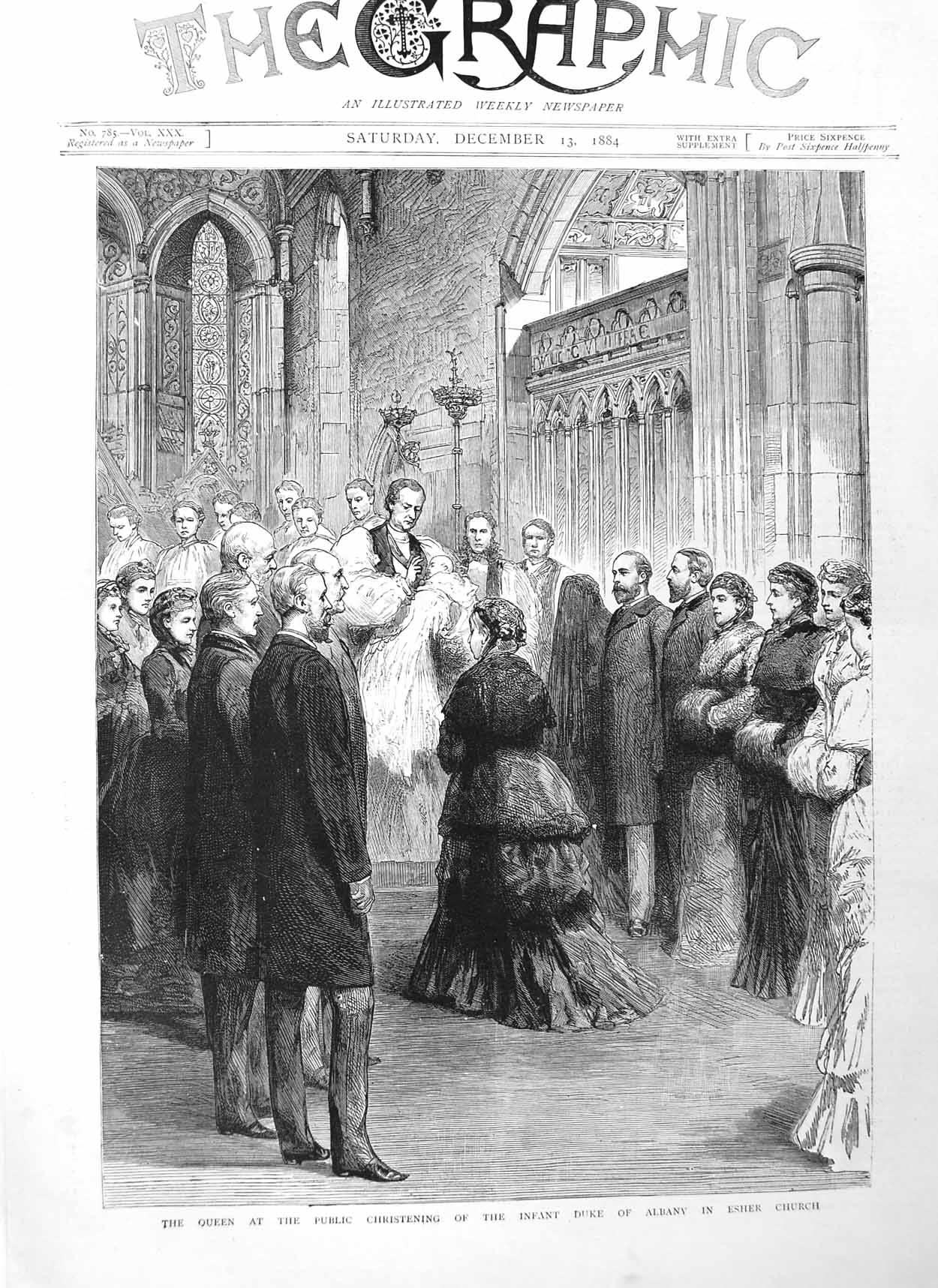 Original Old Antique Print 1884 Queen Christening Baby Duke Albany Esher Church