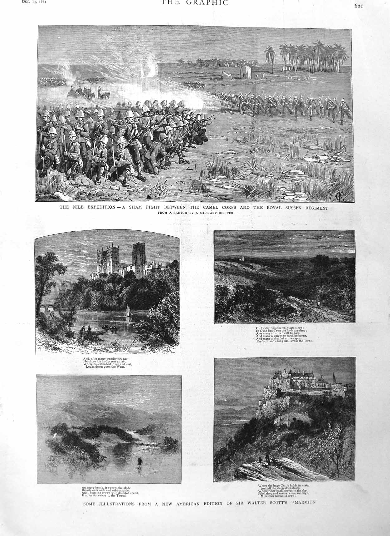 Original Old Antique Print 1884 Nile Sham Fight Royal Sussex Siers Walter Scott