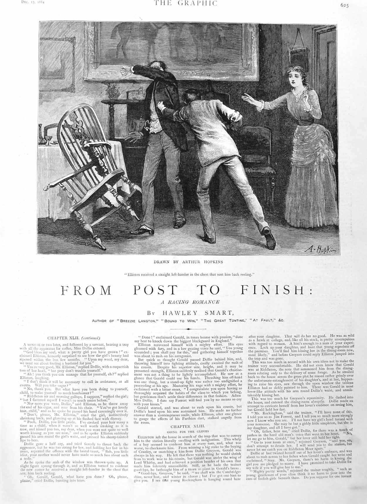 Old Antique Print 1884 Illustration Story From Post Finish Men Fighting 19th