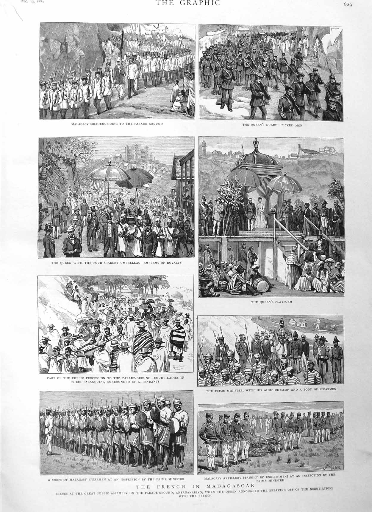 Original Old Antique Print 1884 French Army Madagascar Malagasy Siers War Queen