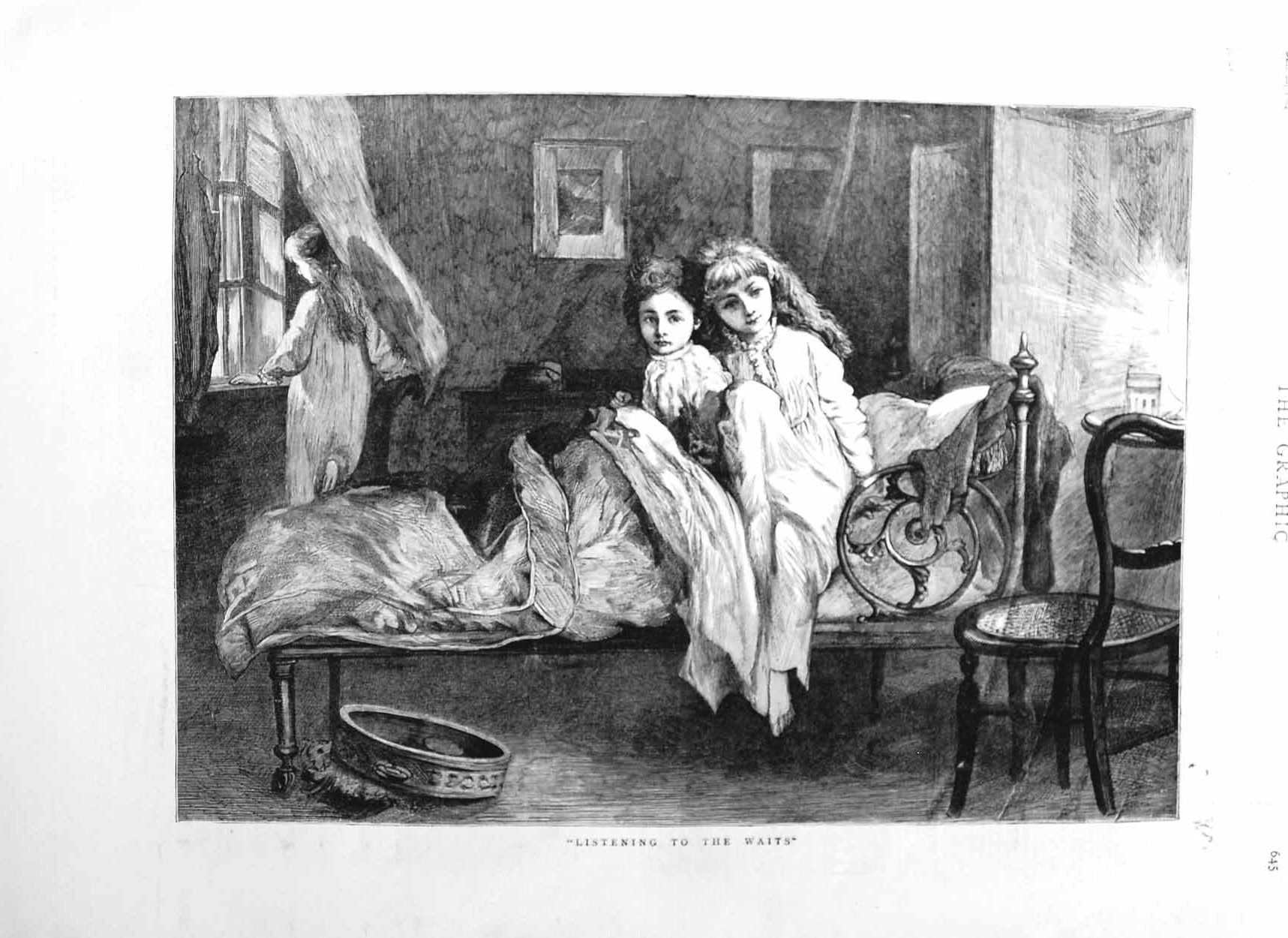 Original Old Antique Print 1884 Fine Art Children House Bedroom Bed Chair 19th
