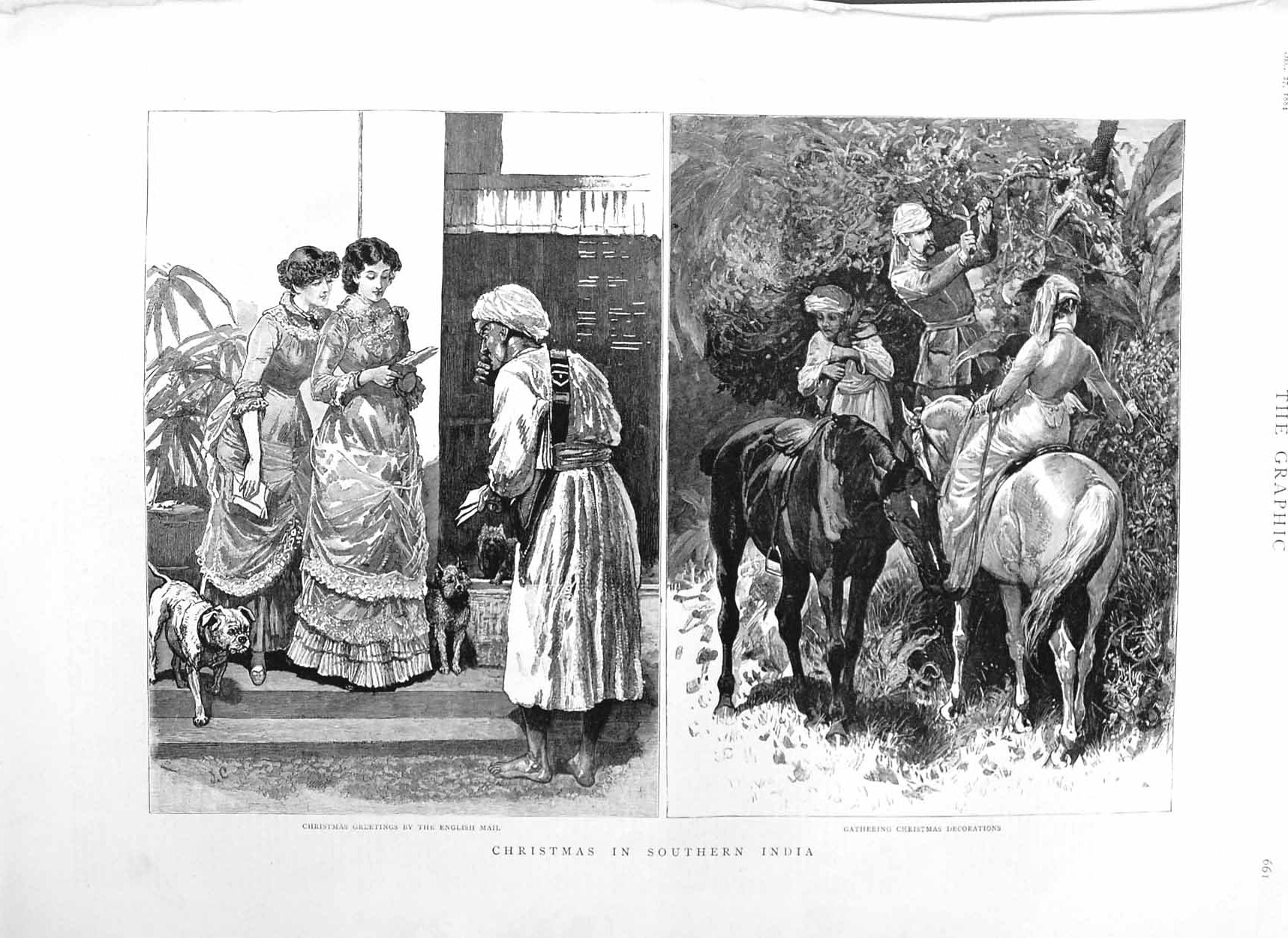 Original Old Antique Print 1884 Christmas Southern India English Mail Horses
