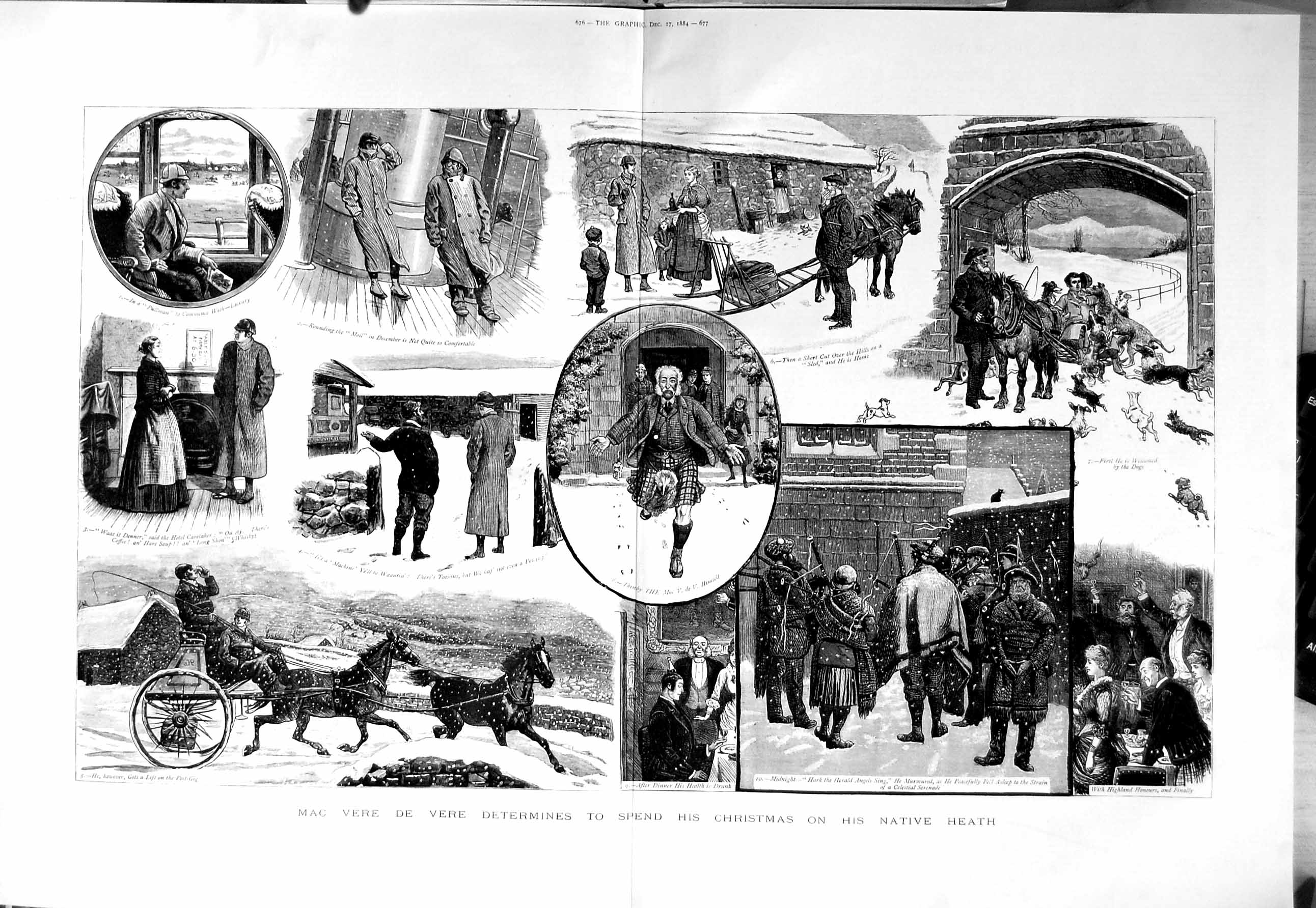 Old Antique Print 1884 Mac Vere Christmas Ship Snow Horses Carriage Art 19th
