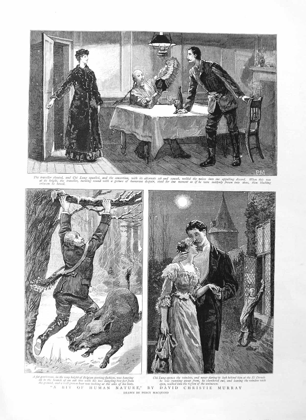 Original Old Antique Print 1884 Chinese People Chi Lung Man Boar Tree Fine Art