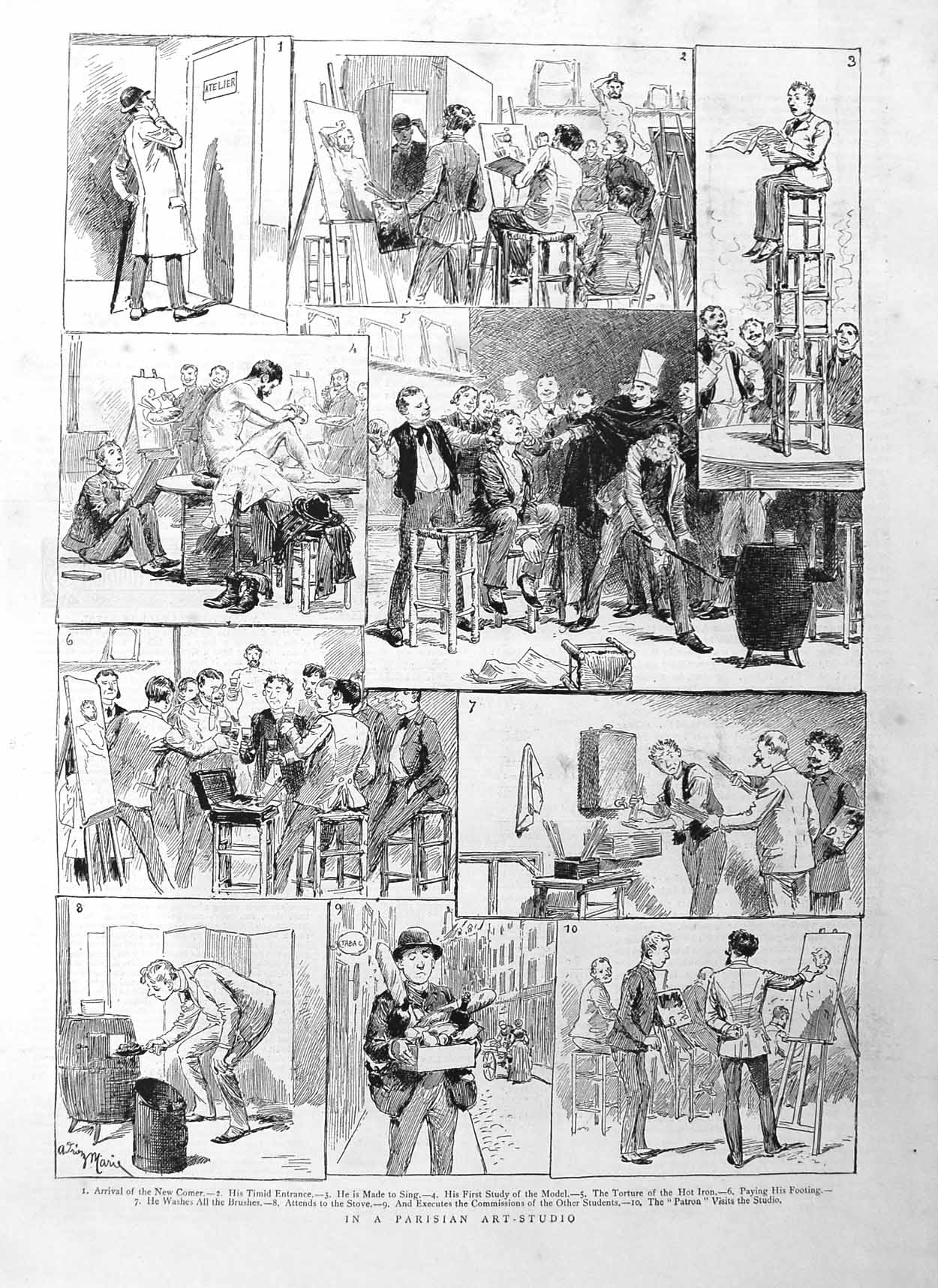 Original Old Antique Print 1885 Paris Art Studio France Paintings Sketch 19th
