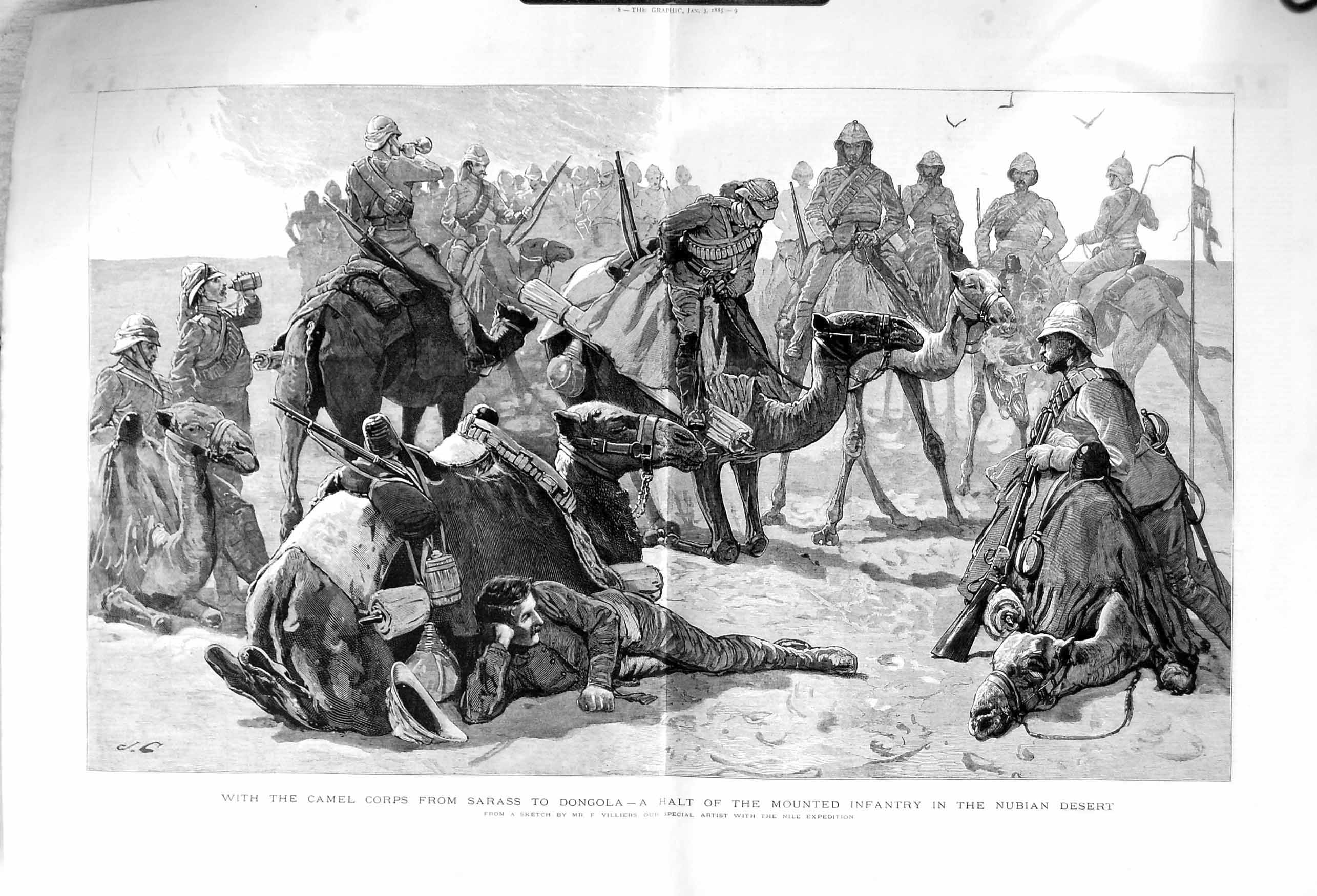 Original Old Antique Print 1885 War Camel Corps Sarass Dongola Nubian Victorian